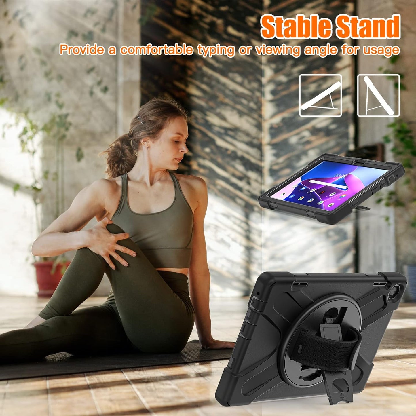 Junfire Shockproof Case for Lenovo Tab M10 3rd Gen 10.1 inch 2022, Heavy Duty Rugged Case with Hand Strap/360°Rotating Kickstand/Shoulder Belt for TB-326FU/TB-328XU,Black