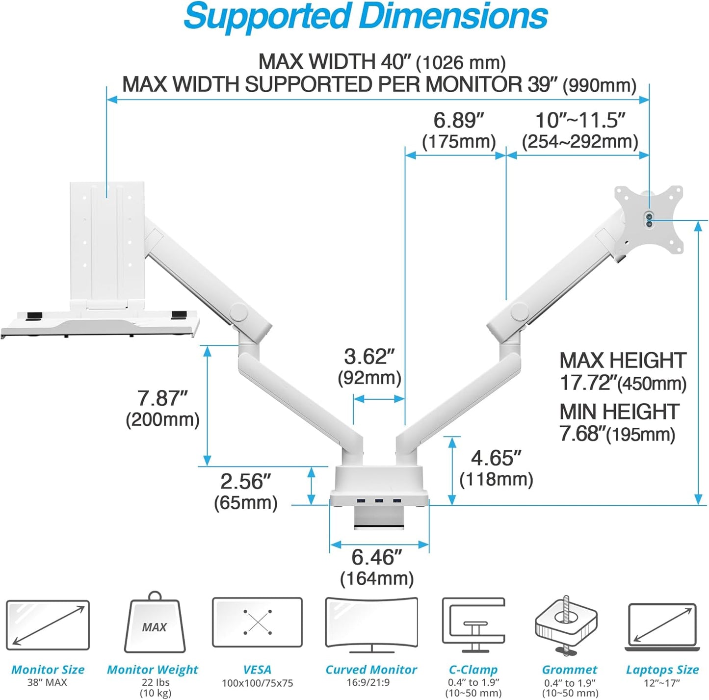 AVLT Dual 17”-38" Monitor Arm Desk Mount with 17" Laptop Tray and USB-C Docking Station, HDMI 4K60Hz, USB-A 5Gbps, Ethernet, 100W PD, Fits Two Flat/Curved Monitor - White