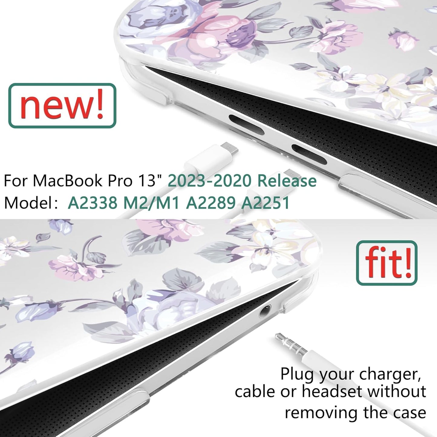 TWOLSKOO Compatible with MacBook Pro 13 inch Case 2023-2016 A2338 M2/M1 A2251 A2289 A2159 A1989 A1706, Plastic Hard Shell Cover & Keyboard Skin & Screen Protector, Purple Peony