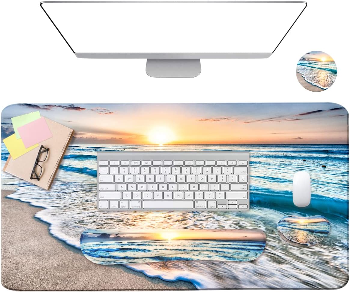 4-in-1 Large Gaming Mouse Pad, Keyboard Wrist Rest Pad & Wrist Support Mousepad Set, Extended Desk Pad Waterproof Desk Mat for Home Office Study Game-Beach