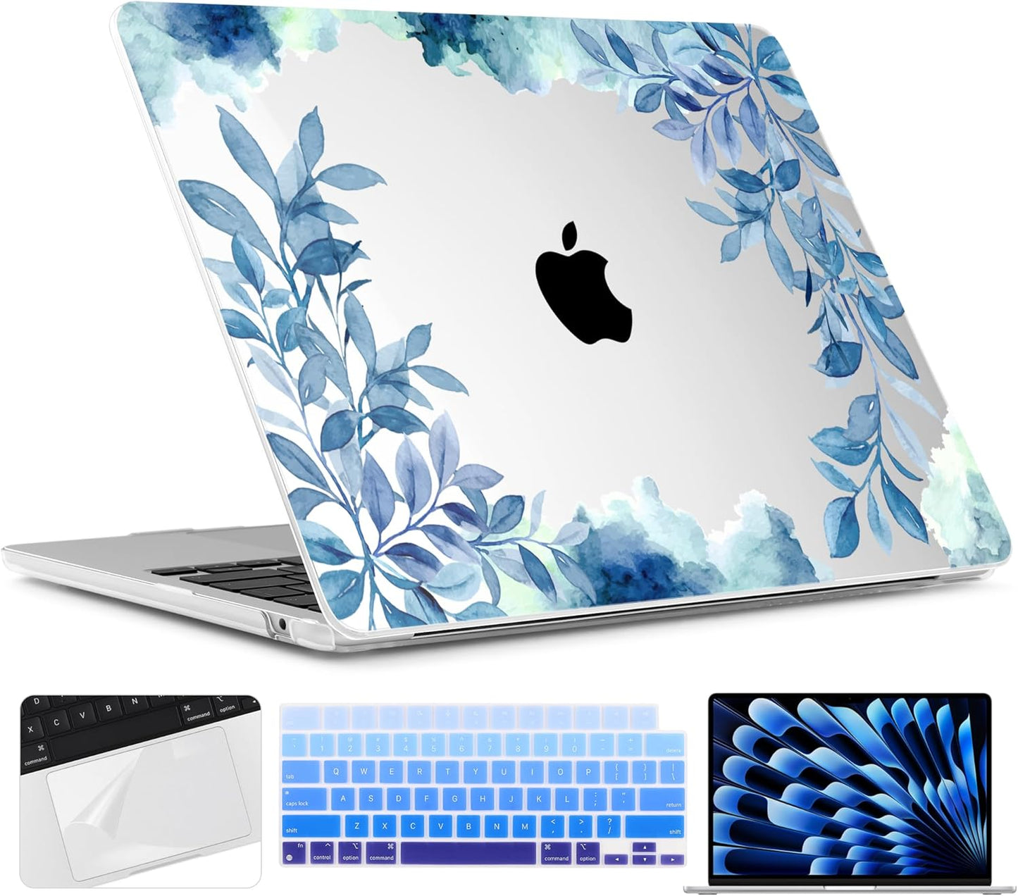TWOLSKOO Compatible with M4 MacBook Air 15 inch Case 2025-2023 Released Model M4 A3241 M3 A3114 M2 A2941, Plastic Hard Shell & Screen Protector & Keyboard Cover & Trackpad Film, Blue Floral