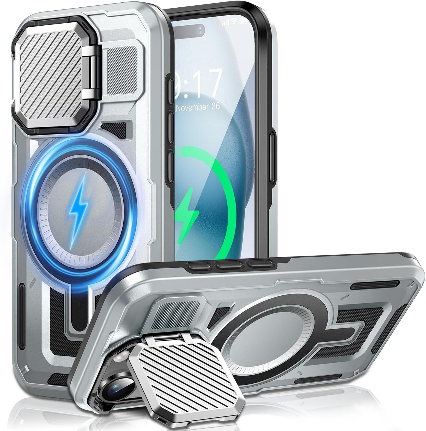 Camera Stand Case for iPhone 15, [Compatible with MagSafe] [Lens Cover] 2024 Version Military Grade Protective Soft Case for iPhone 15 6.1 inch Men Women, Grey