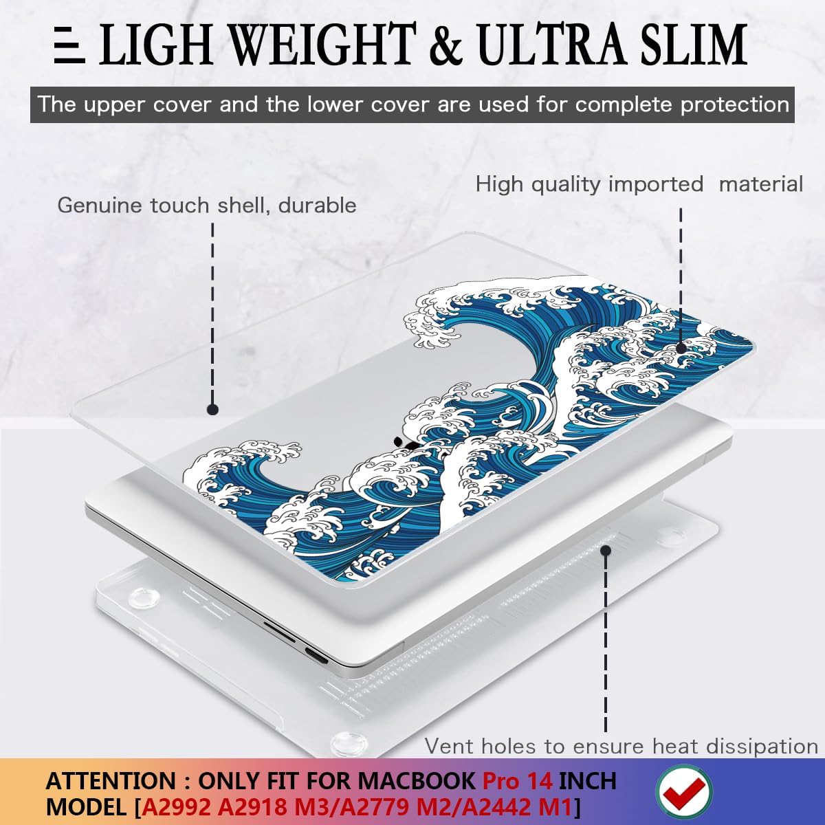 CISSOOK Ocean Case for MacBook Pro 14 inch 2021 2022 2023 2024 Release Model A2442 M1 &A2779 M2 &A2992 A2918 M3 & A3112 A3185 A3401 M4 Pro/Max Chip, Wave Hard Shell for Pro 14-inch with Touch ID