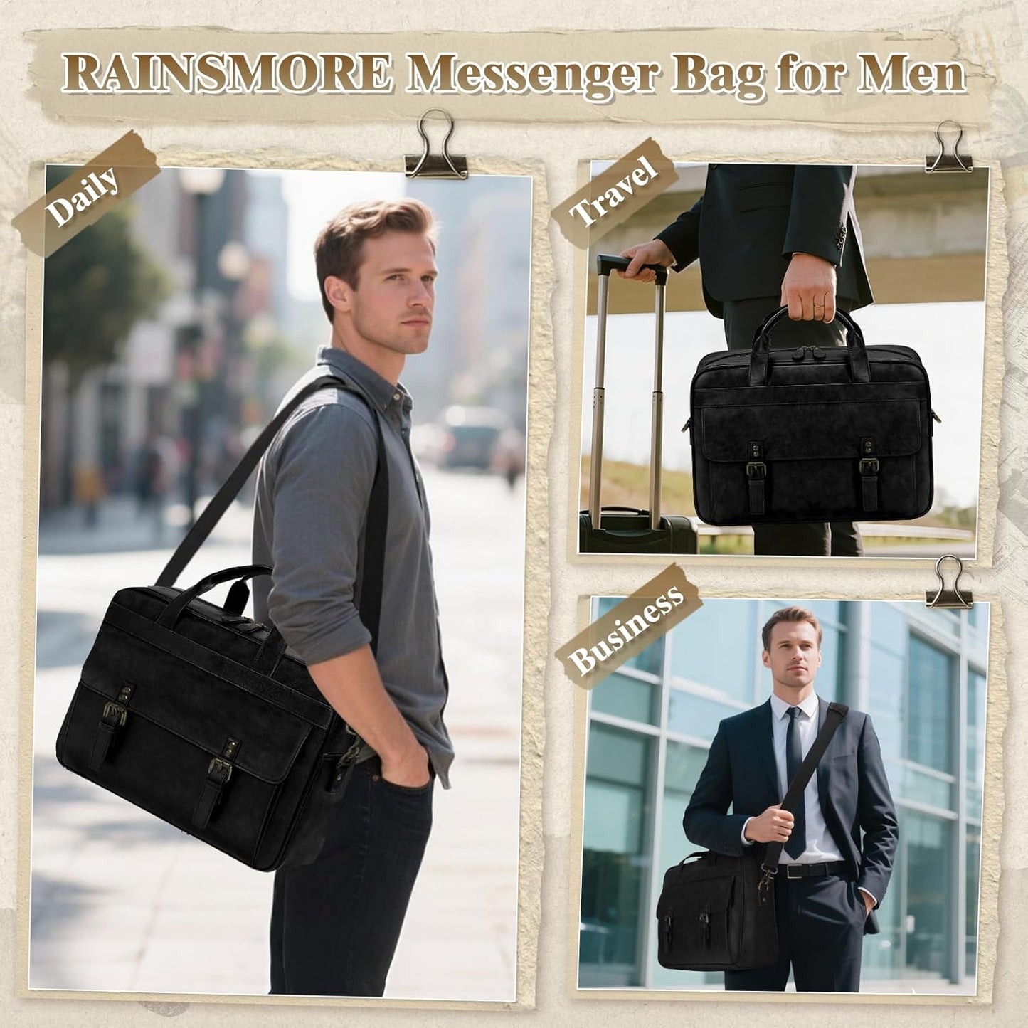 RAINSMORE Messenger Bag for Men 16 Inch Laptop Bag Vintage Leather Waterproof Laptop Briefcases Large Computer Satchel Bag