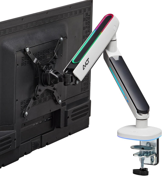 AVLT Single 27”-45” RGB Gaming Monitor Arm Desk Mount Built-in 20 Lighting Modes Touch Button Control Fits Flat/Curved/Ultrawide Screens Height Swivel Tilt Rotation Adjustable Stand -White