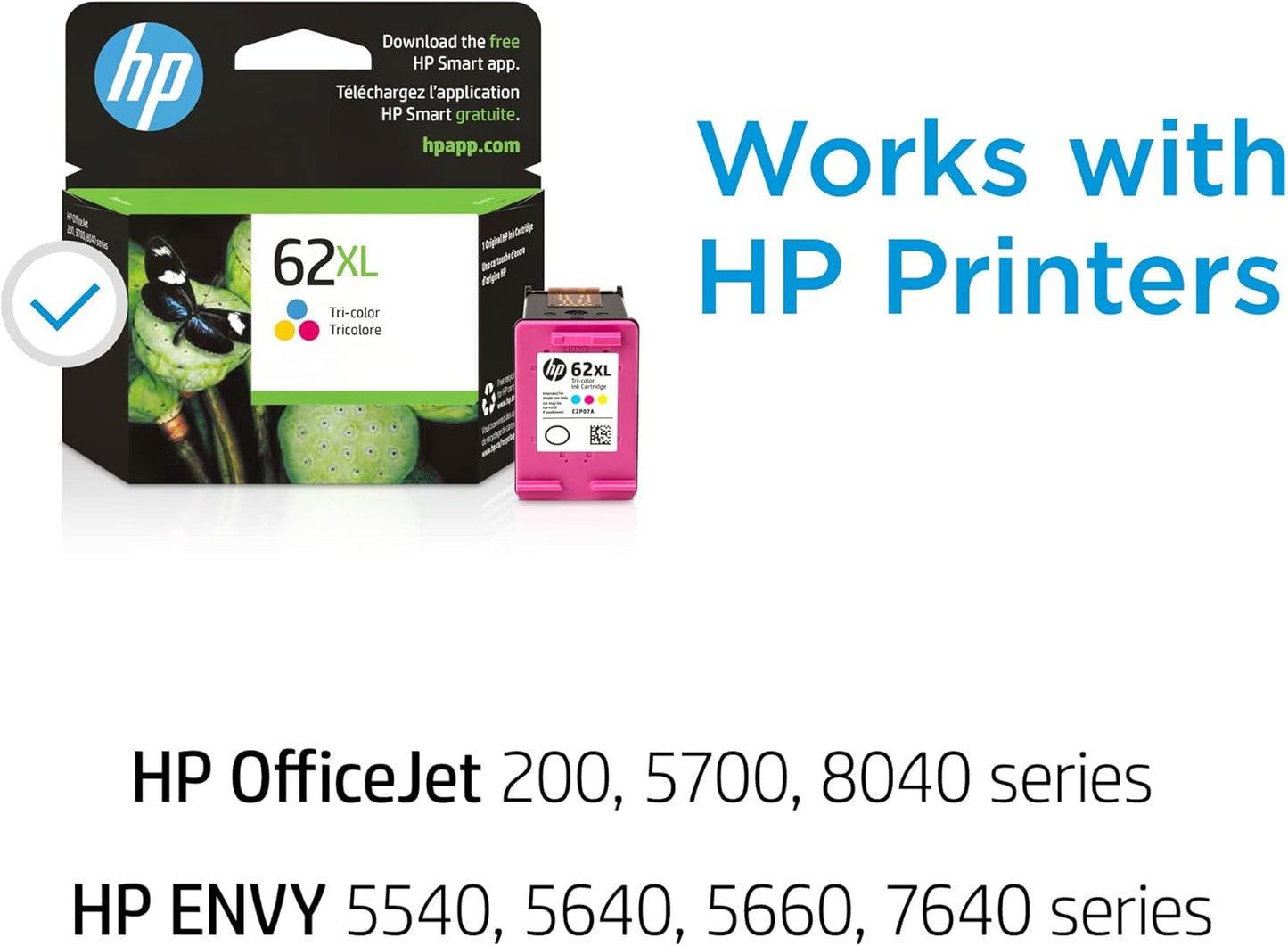 HP 62XL Tri-color High-yield Ink Cartridge | Works with Printer Series: ENVY 5540, 5640, 5660, 7640; OfficeJet 5740, 8040; OfficeJet Mobile 200, 250 | Eligible for Instant Ink | C2P07AN