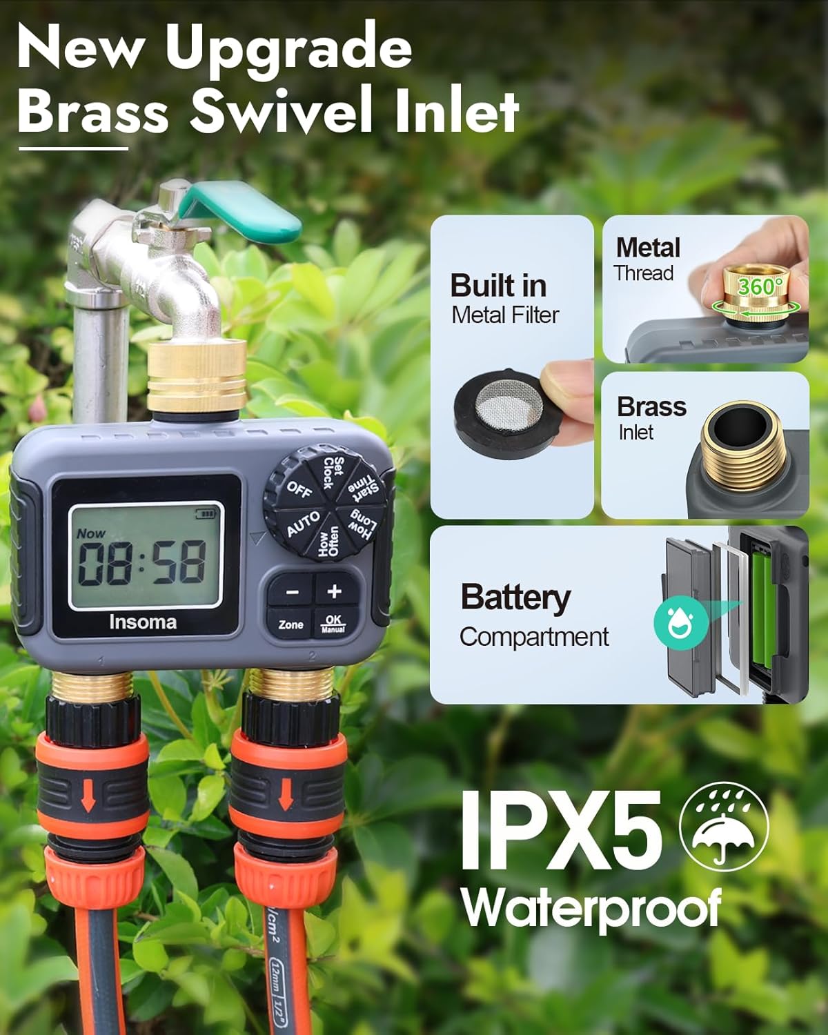Insoma 2 Outlets Sprinkler Timer with Brass Inlet & Outlet, Water Timer for Garden Hose with Auto/Manual Modes + Rain Delay, Hose Timers for Garden, Yard Lawn, IPX5 Waterproof & Save Water