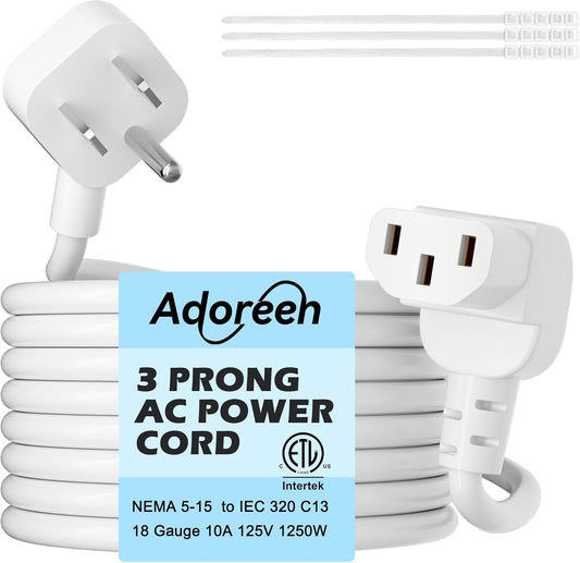 Adoreen 15 Ft Computer TV Replacement Power Cord White, Low Profile Flat Plug to 90 Degree Angled L-Shaped 18AWG 3-Prong AC Universal Power Supply Cable for Printer, PC, Monitor TV LCD, ETL+Ties