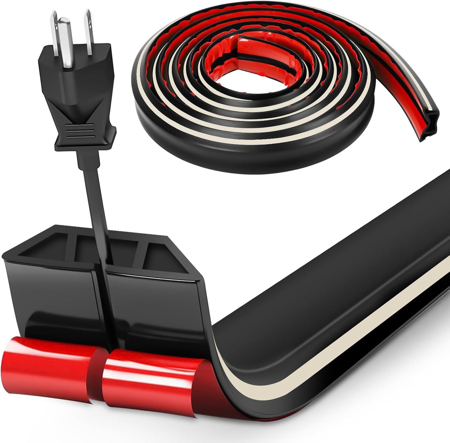 10ft Large Black Floor Cord Cover, Self-2" (W) x 0.6"(H), Cable Cavity:0.8"(W) x 0.4"(H), Adhesive Power Cable Protector, Silicone Cord Protector, Cord Management, Cord Concealer and Cable Hider