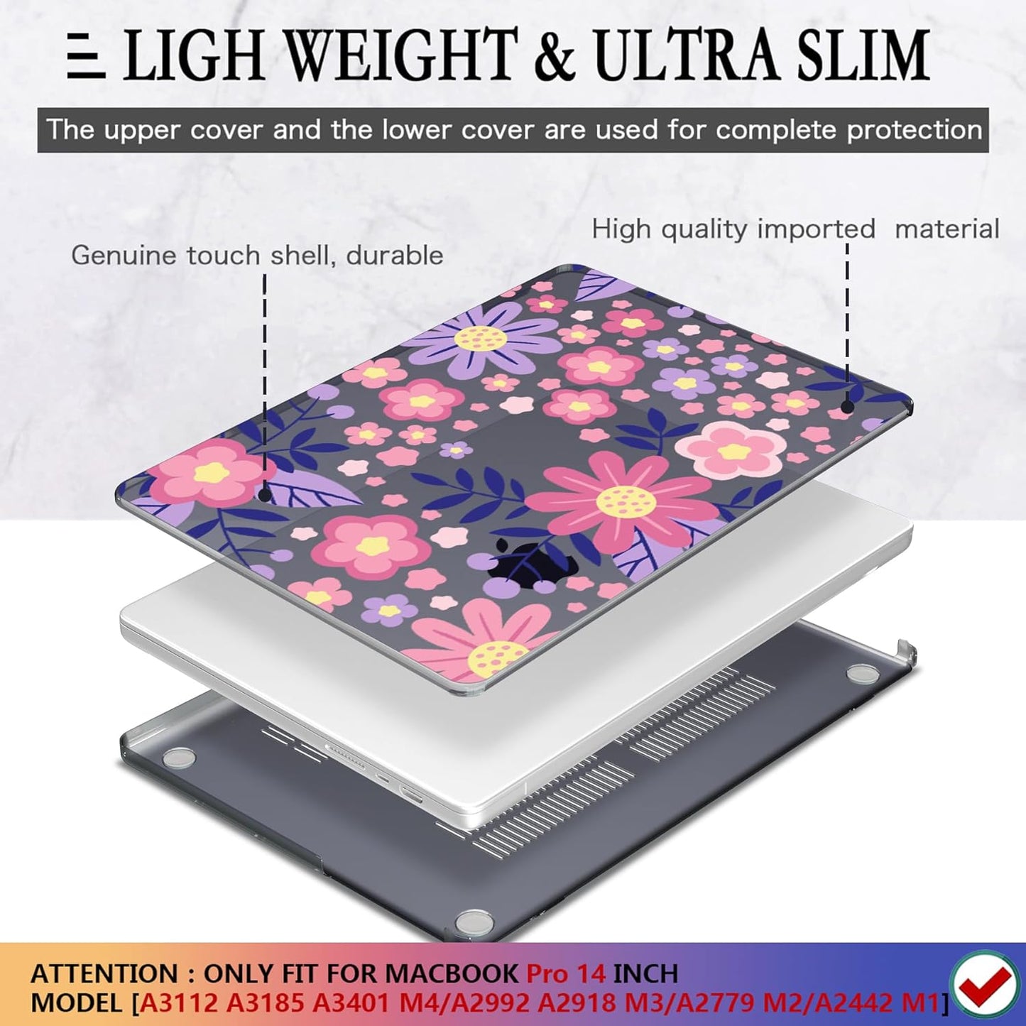 CISSOOK Compatible with MacBook Pro 14 inch 2025 2024-2021 Release M4 M3 M2 M1 Chip A3112 A3185 A3401 A2918 A2992 A2779 A2442, Hard Shell Case with Keyboard Cover Screen Protector, Stylized Flowers