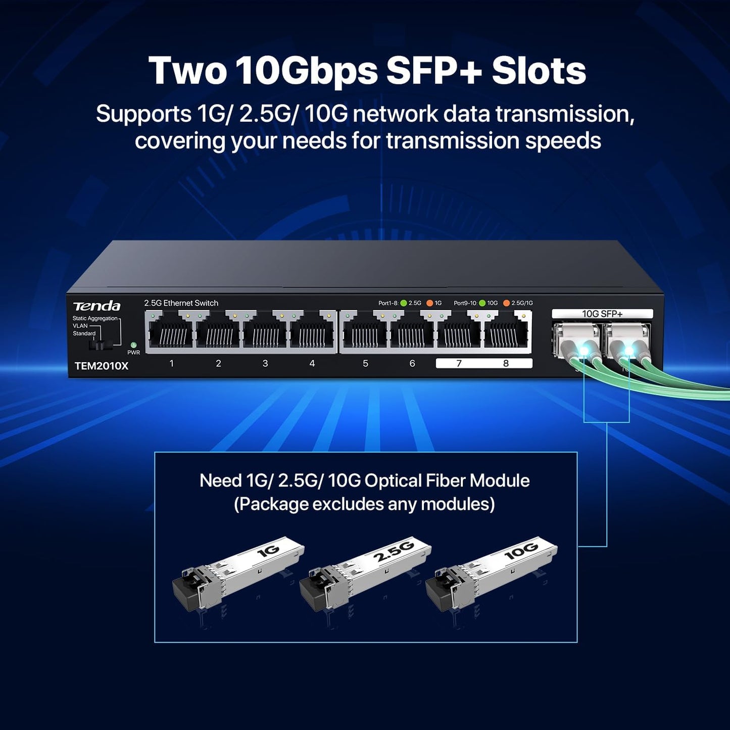Tenda TEM2010X 8 Port 2.5G Ethernet Switch, Unmanaged 2.5Gb Switch with 8 x 2.5G Ports & 2 x 10Gb SFP+ Slots, Support VLAN & Static Link Aggregation, 80Gbps Switching Capacity, Fanless Metal Design