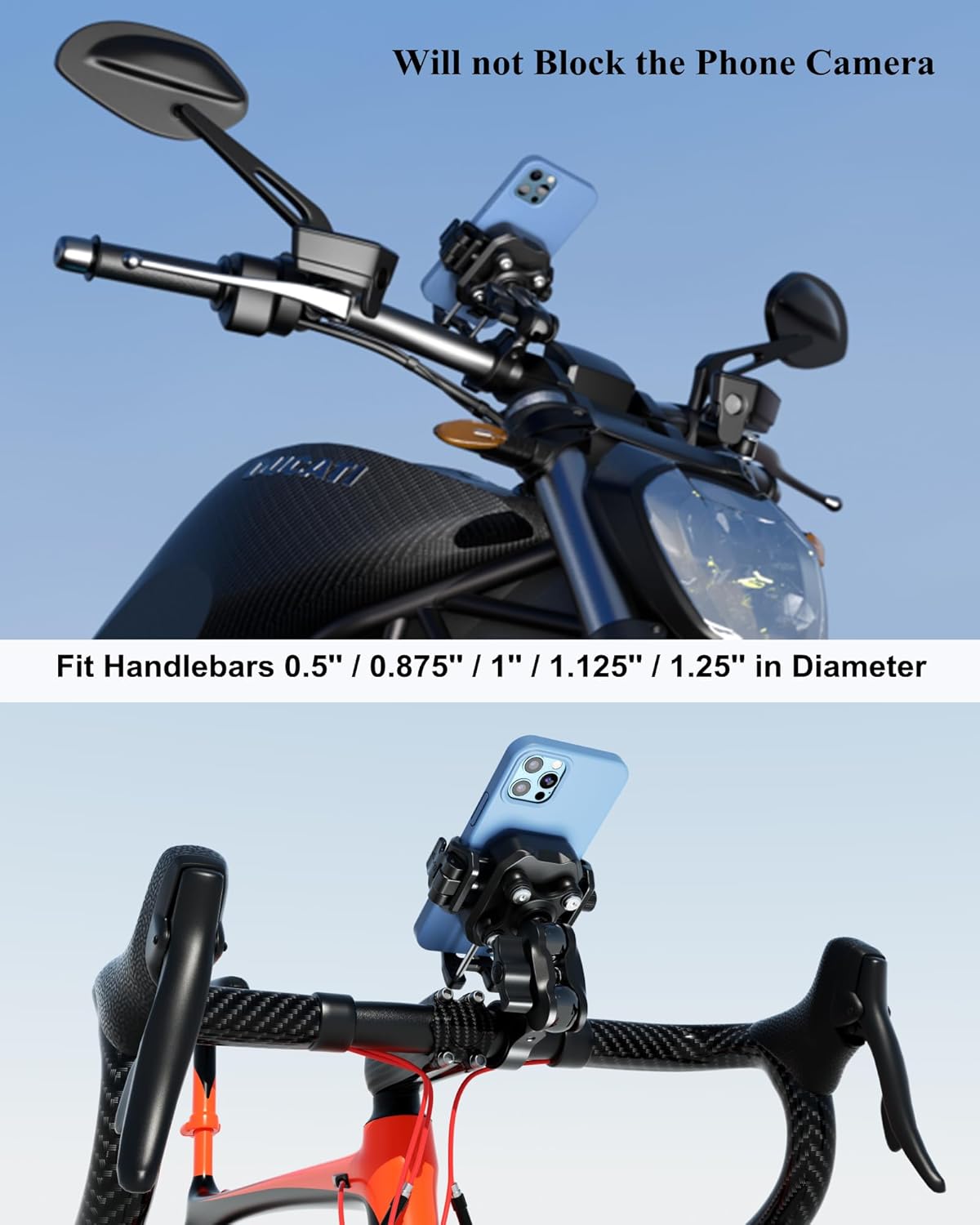 BRCOVAN Anti-Theft Motorcycle Phone Mount with Vibration Dampener, [1s Lock] [Camera Friendly] Handlebar Cellphone Holder for Bike Bicycle Scooter ATV, Adjustable Size Fit 5.4-7.2" Smartphone