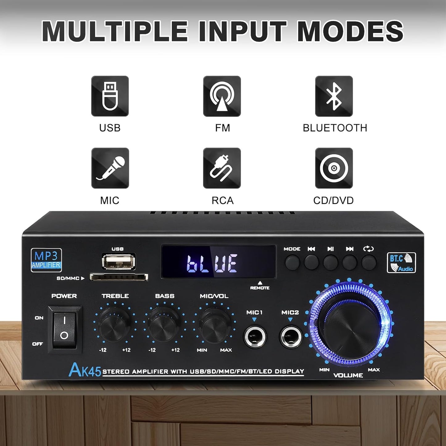 AK45 Stereo Receivers Amplifier Home Audio with Bluetooth, 300W, 2.0 Channel Power Amplifier for Home Stereo Syetem with RCA,SD,FM,USB, MIC in,Bluetooth Receiver for Karaoke,Studio