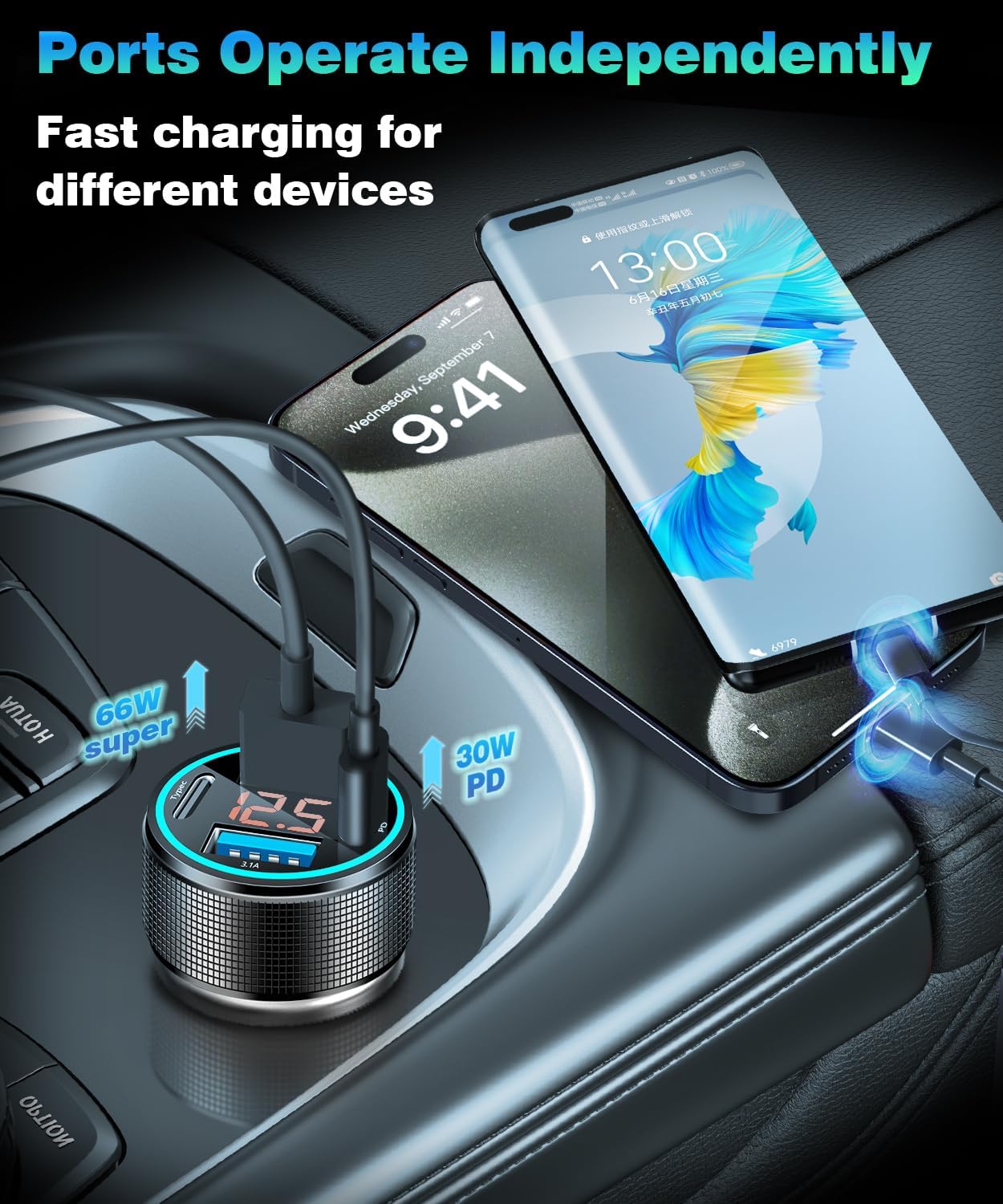 66W USB C Car Charger 4 Port Car Charger Adapter with 30W PD, 3.1A Aluminium Alloy Car Cigarette Lighter USB Charger with LED Voltmeter Compatible with Phone 15 14 13