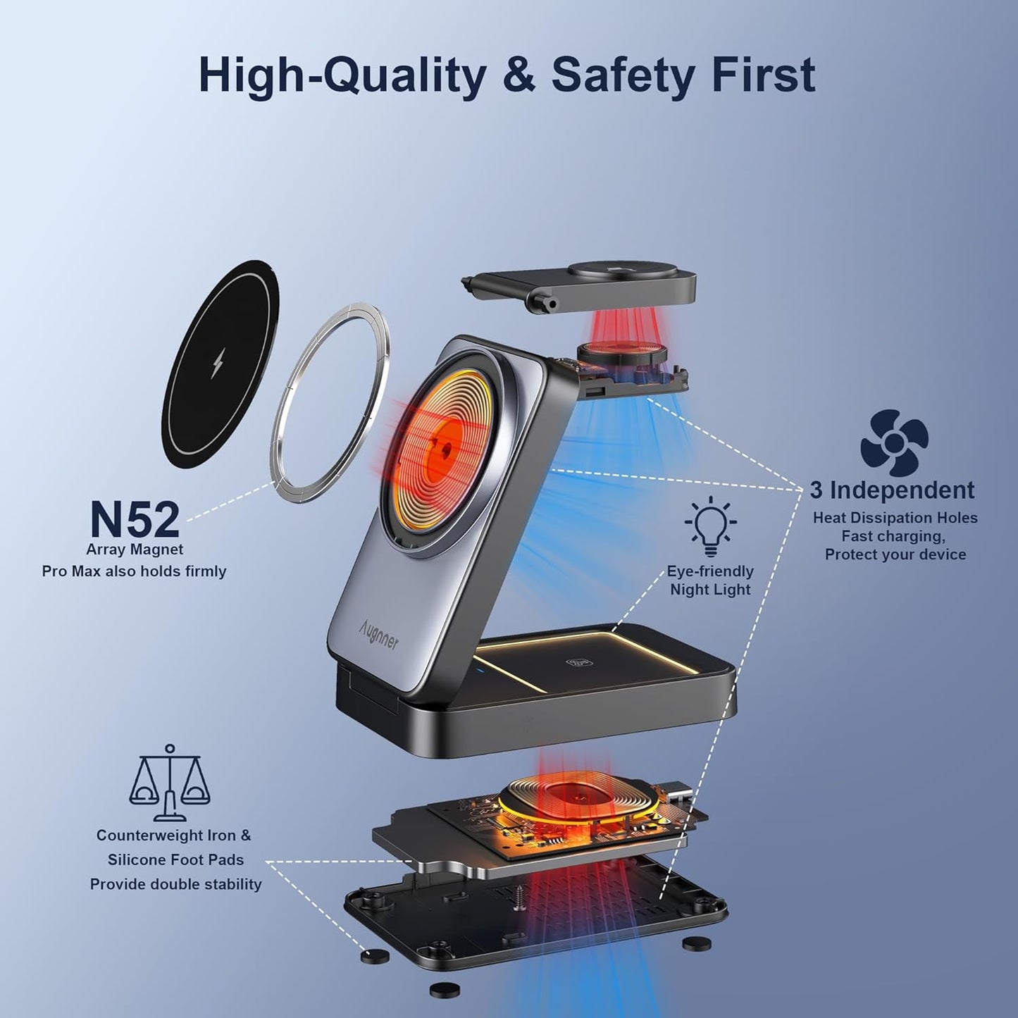 3 in 1 Charging Station for Multiple Devices Apple Compatible with Magsafe Charger Stand, 15W Foldable Cube Wireless Charger for 16/15/14/13/12 Series, Apple Watch, Airpod