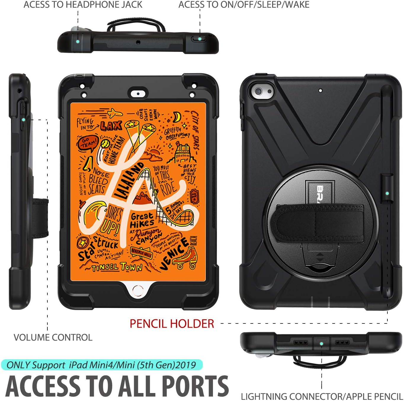 BRAECN iPad mini 5 Case,iPad mini 4 Case, Heavy Duty Shockproof Protective Rugged Case with Pencil Holder,Hand Strap,Kickstand, Shoulder Strap for iPad mini 5th/4th Generation 7.9 Inch for Kids-Black