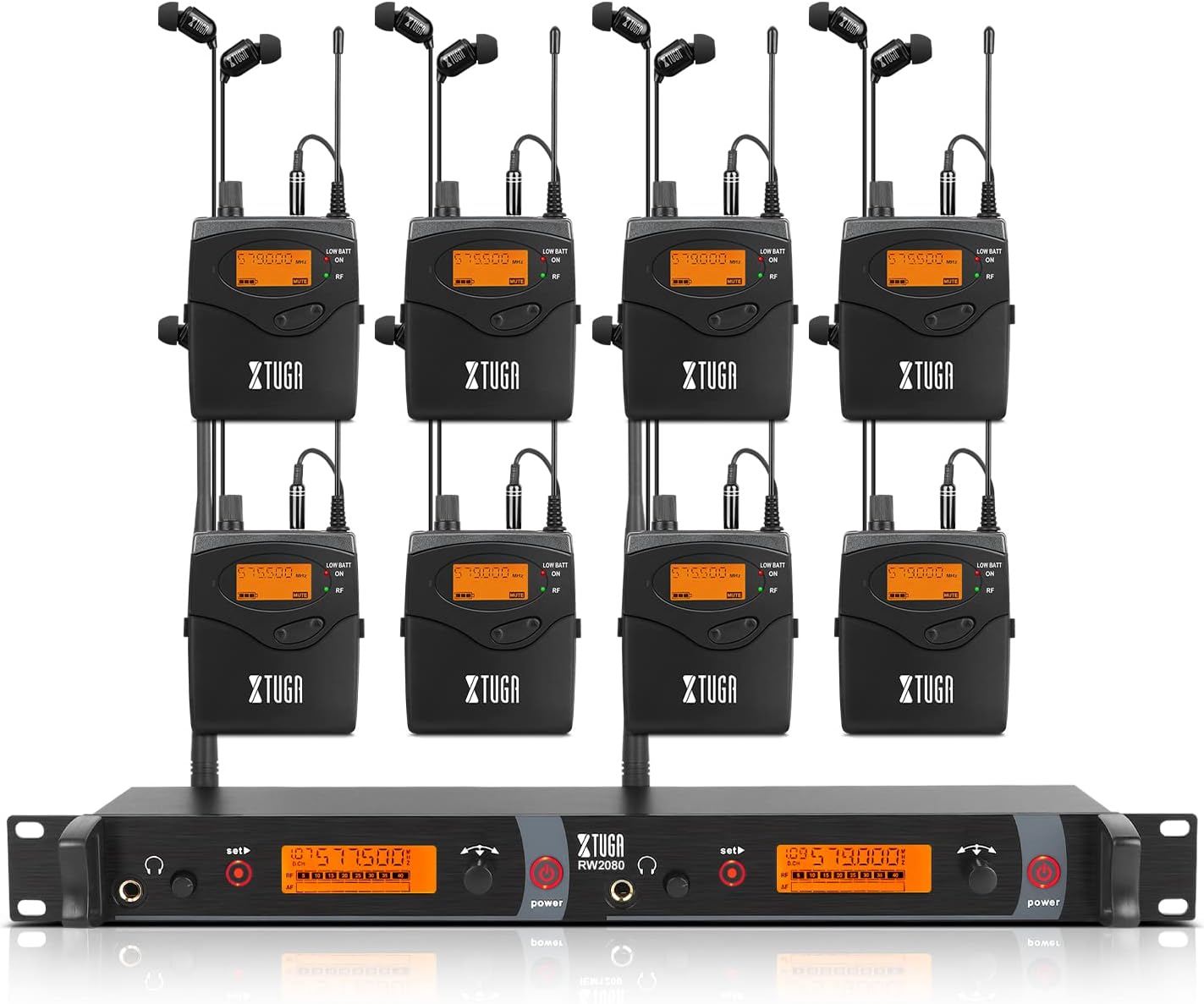 XTUGA RW2080 Wireless in Ear Monitor System 8 Bodypacks UHF IEM System, 2 * 40 Frequencies Mono Design Stage Monitors Earphone, 300Ft for Band, Studio or Musicians, 902-928mhz