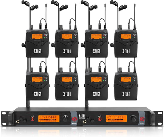 XTUGA RW2080 Wireless in Ear Monitor System 8 Bodypacks UHF IEM System, 2 * 40 Frequencies Mono Design Stage Monitors Earphone, 300Ft for Band, Studio or Musicians, 902-928mhz