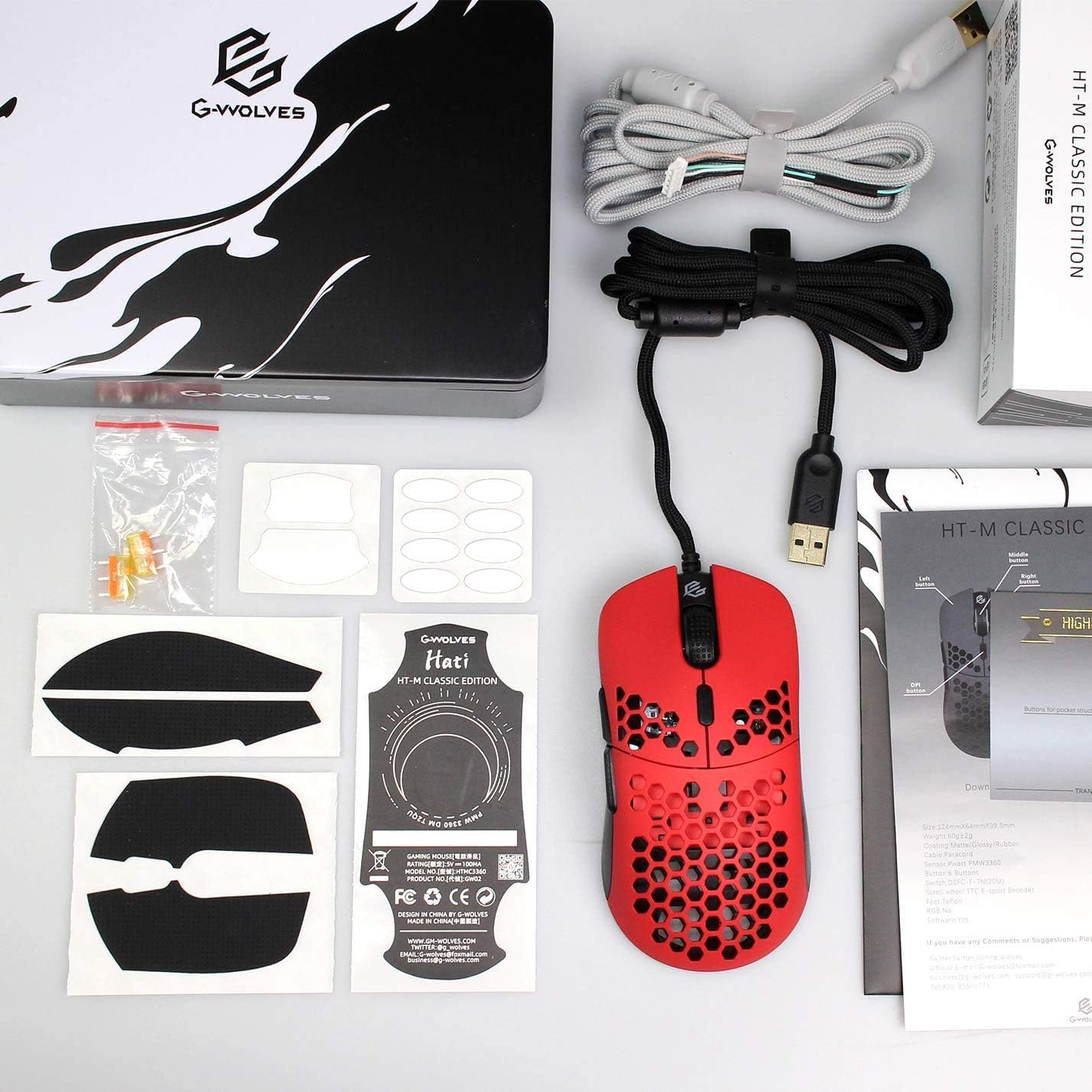 G-Wolves Hati HTM/HT-M Medium 56g Ultra Lightweight Honeycomb Wired Gaming Mouse, PixArt 3389 Sensor 16000 DPI, 6 Programmable Buttons, Low Latency, for PC/Mac (Faze Red)