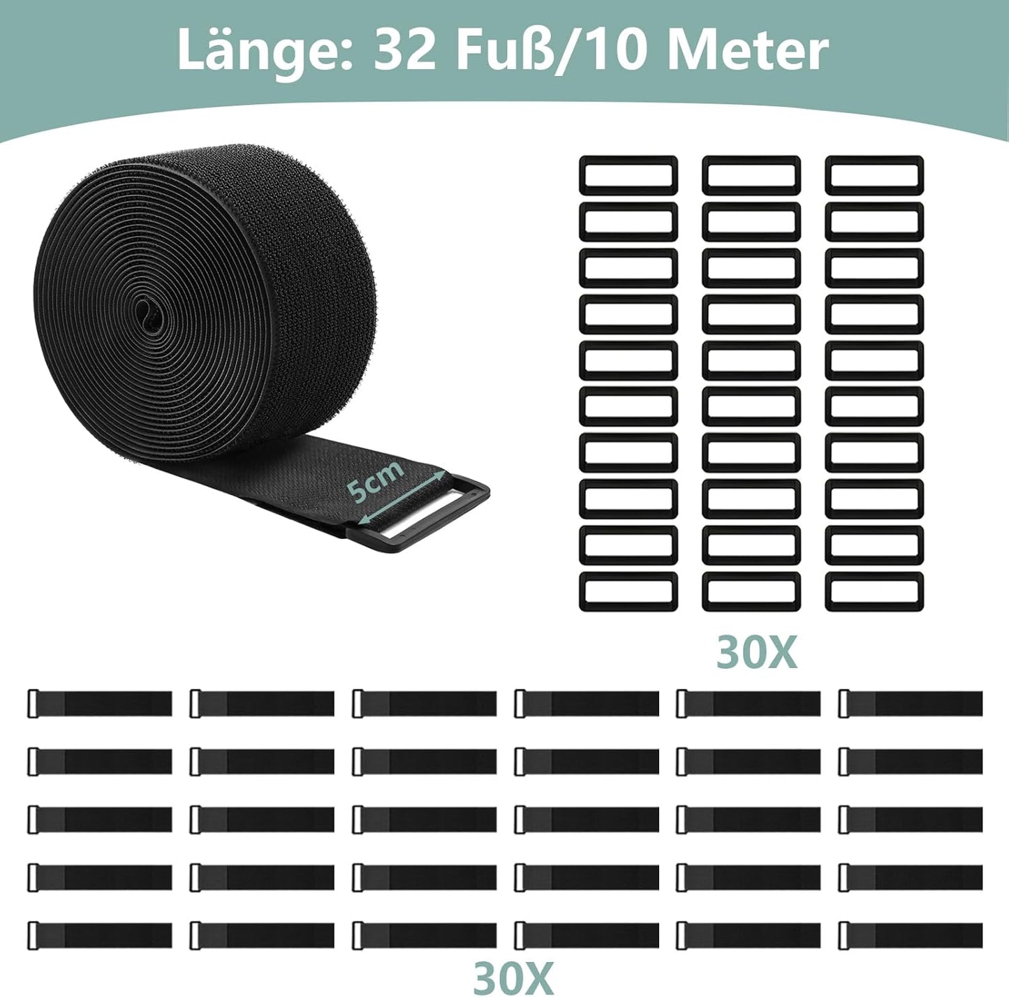 2In x 32Ft Cable Straps Heavy Duty With 30 Buckles, Black Hook and Loop Straps, Reusable Cable Ties for Organizer or Storage.