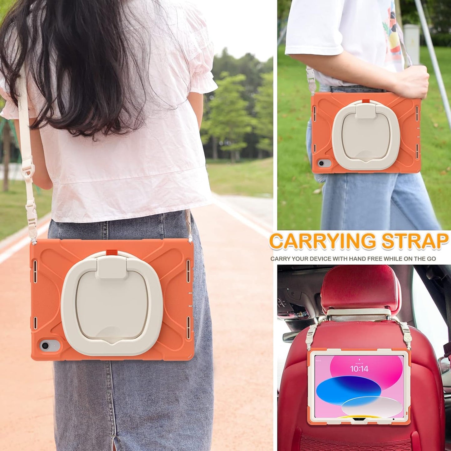 BRAECN Kids Case for iPad (A16) 11th/10th Generation 11”/10.9'' 2025/2022, Rugged Silicone Cover with Screen Protector/Swivel Ring Stand/Kickstand/Handle Grip/Carrying Shoulder Strap, Coral Orange