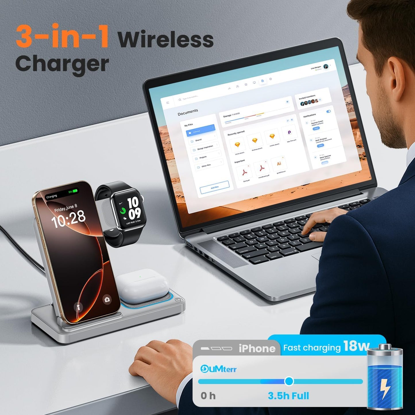 DUMTERR 3 in 1 Wireless Charger for iphone 16 15 14 13 12 11 XR 8, Apple Charging Station for Apple Watch 10/9/Ultra/8/7/SE/6/5/4 & AirPods Series, Wireless Charging Station for Multiple Devices Apple