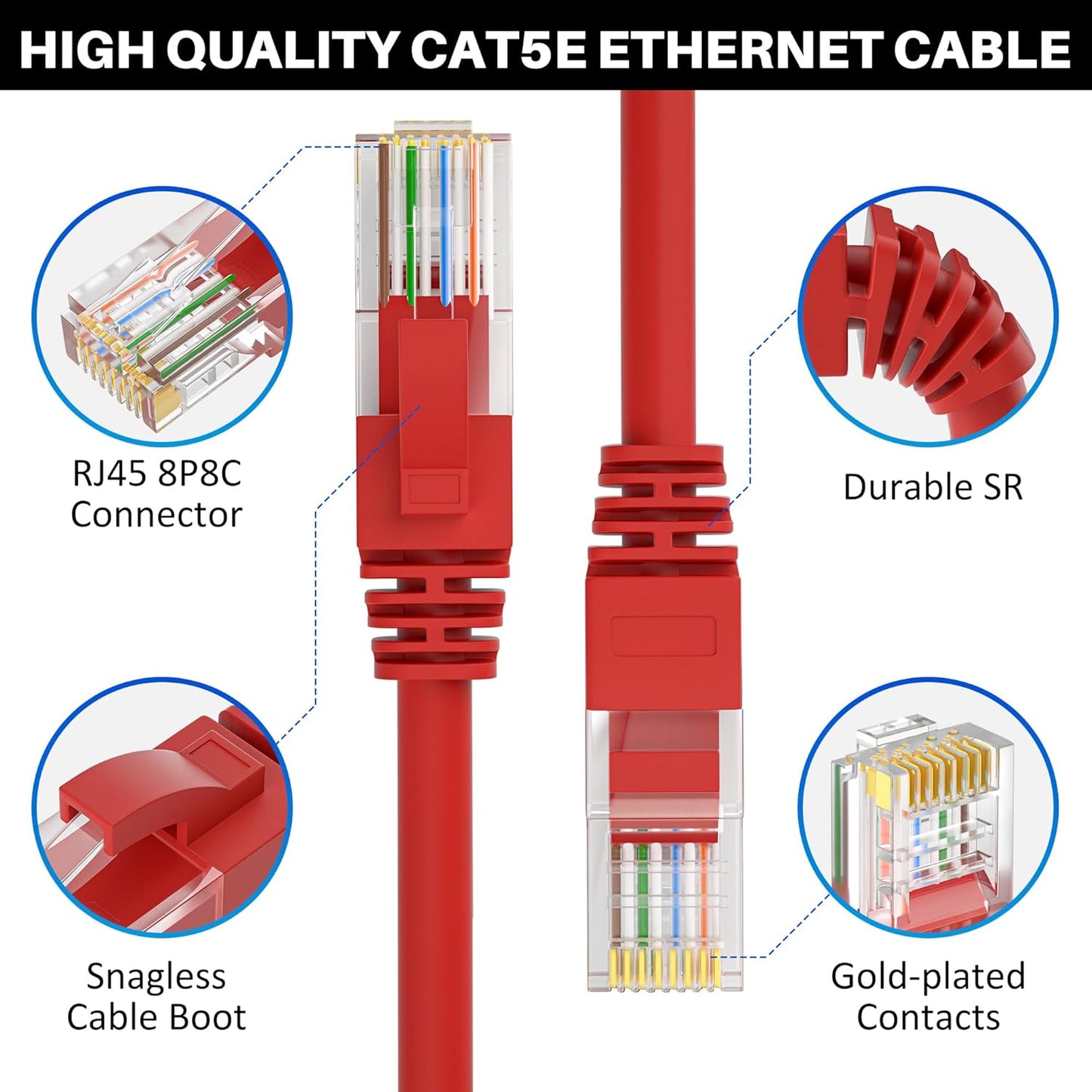 Cat5e Ethernet Cable 100 FT, Cat 5e Internet Cable, Red Snagless Patch Cord, Flexible, Network, LAN, PoE, Standard RJ45 Connector for PC, Server, Router, Modem, TV, PS5 - with 15 Cable Ties