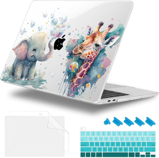Case for MacBook Pro 13 inch with/Without Touch Bar (2016-2022, M2 A2338 M1 A2289 A2251 A2159 A1989 A1706 A1708), Hard Shell + Keyboard Cover + Dust Plug - Elephant & Giraffe