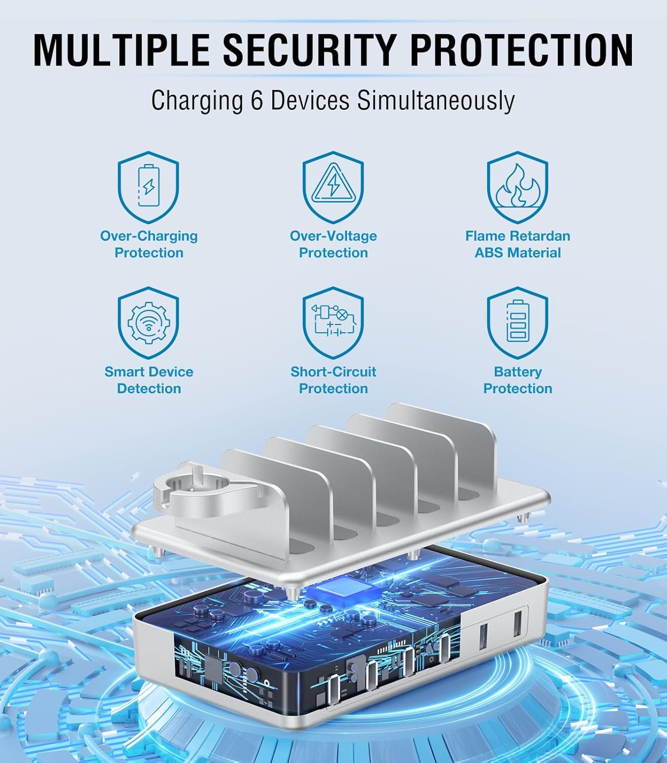 Charging Station for Multiple Devices Apple,50W 6 Port&6 Cables Charging Station for Apple Device with Apple Watch Holder,Charging Dock for Cellphone, Kindle, Tablet and Other Electronic (Sliver)