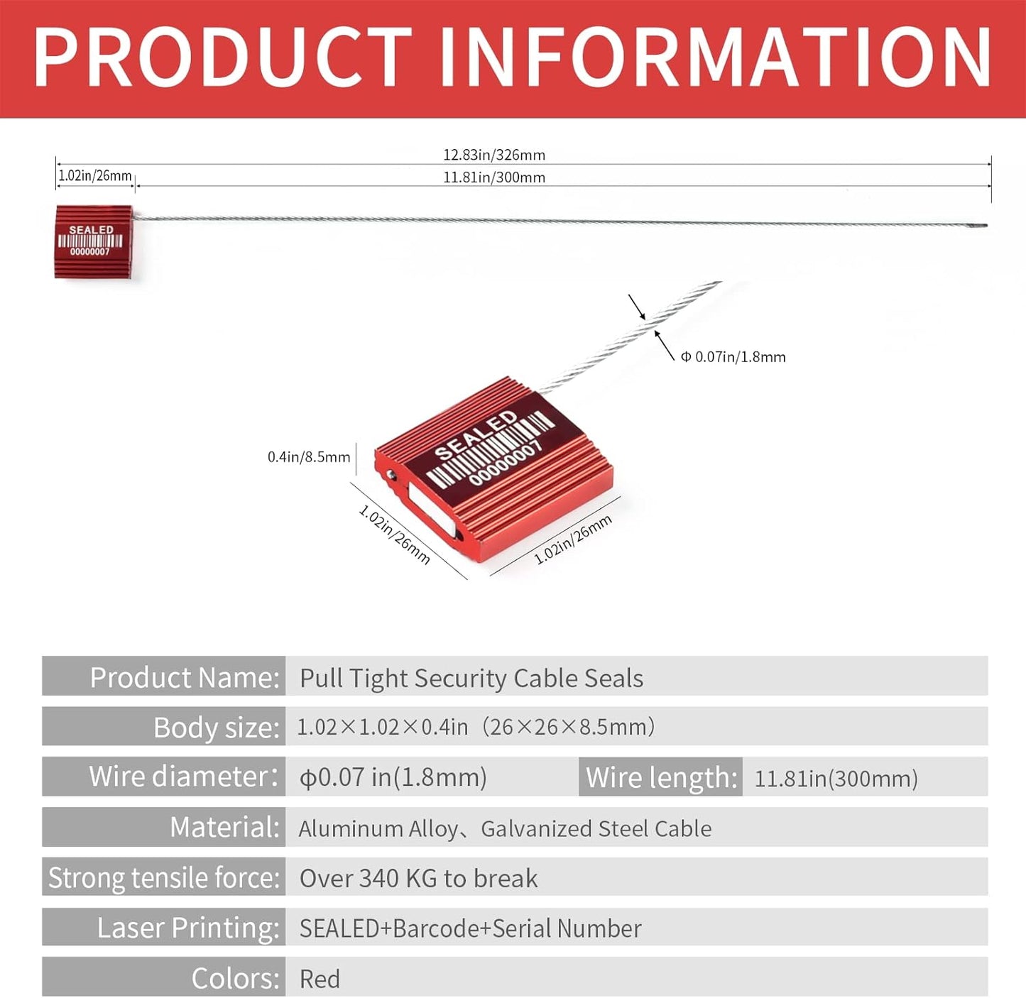 50 Red High Security Cable Seals with Barcode, Pull Tight Numbered Steel Security Seals, Anti-Tamper Shipping Self-Locking Tags for Logistics, ISO 17712 Certified