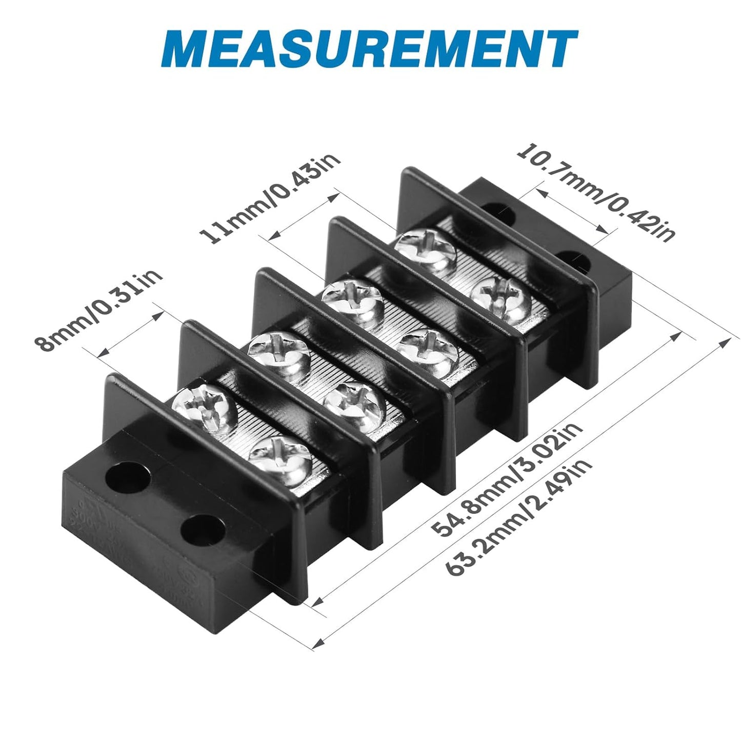 GLOSO Terminal Blocks Double Row Stainless 11 mm Pitch TBC, Marine Grade, 12-22 AWG Cu, 25A/300V - 1 Pack, 4 Poles