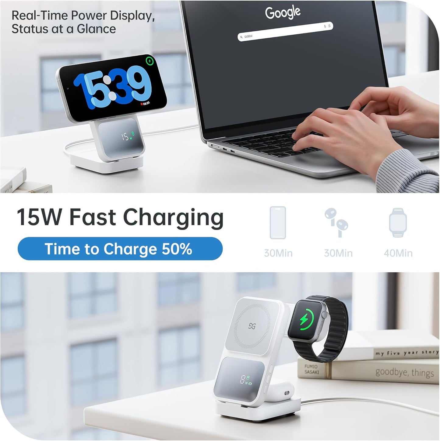 GUSGU MagTime 3 in 1 Wireless Charging Station with Real-Time Power and Time Display, Foldable Wireless Charger Stand, Compatible with iPhone 16/15/14/13/12, iWatch S1-10/Ultra, AirPods-White