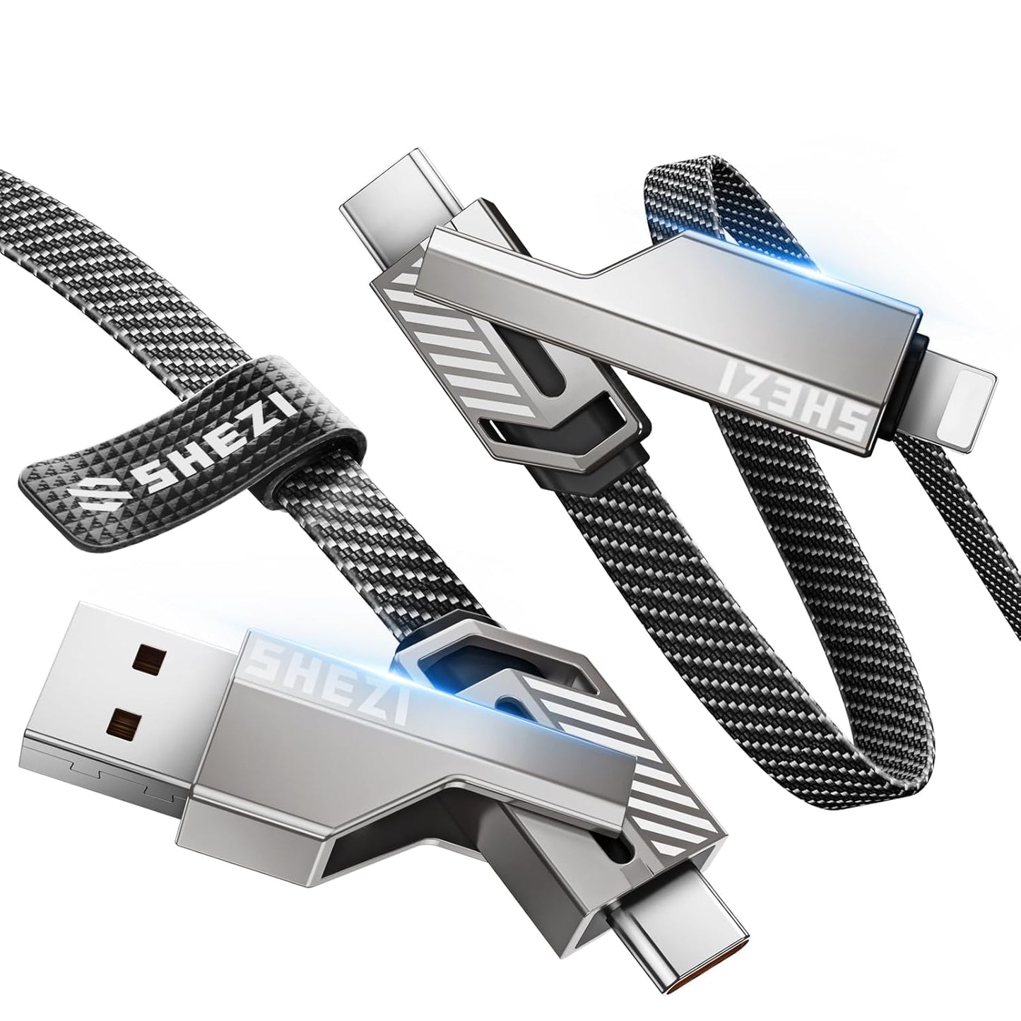 4-in-1 USB C Cable 45W 3FT Lightning Cable Fast Charging Flat Nylon Braided for iPhone iPad Charger Cord [480Mbps Data Sync] Multi Charge Cable Combo with Lightning/Type C/USB A Port