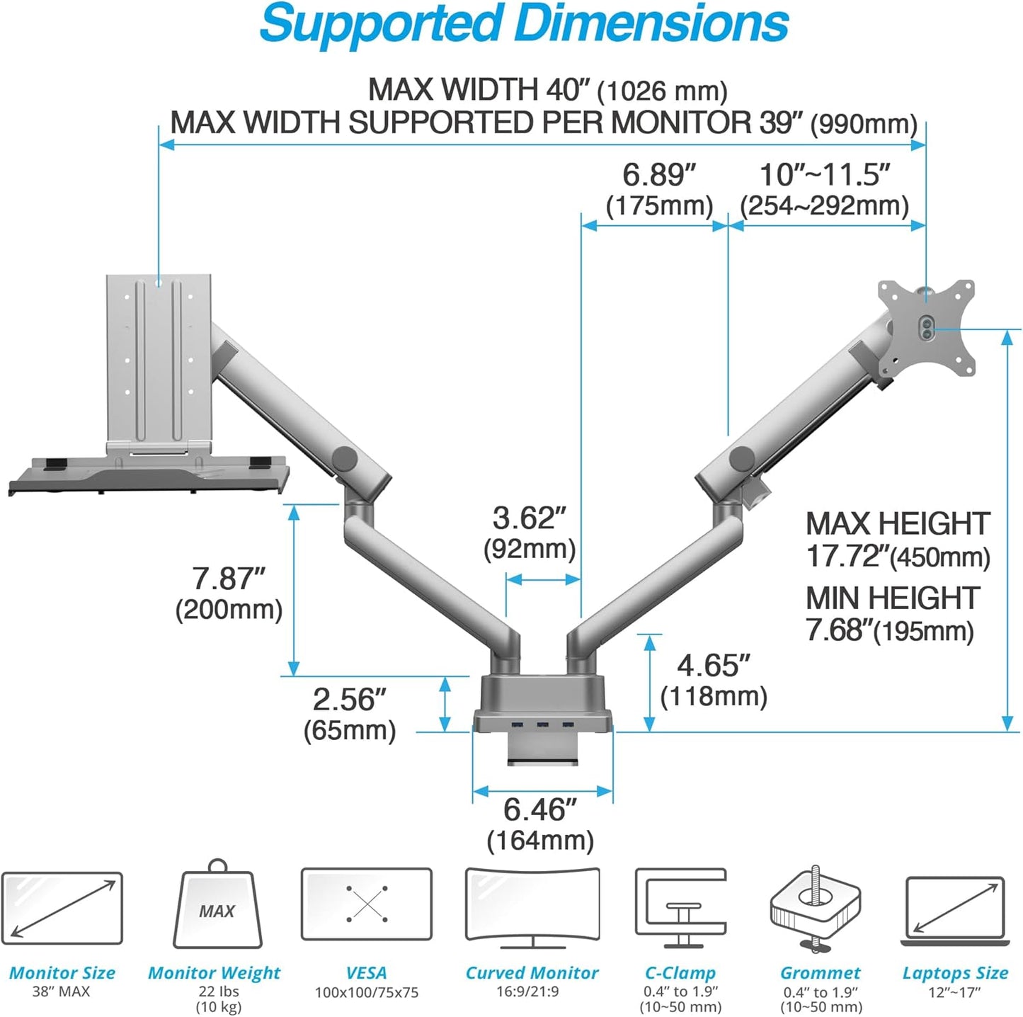 AVLT Dual 17”-38" Monitor Arm Desk Mount with 17" Laptop Tray and USB-C Docking Station, HDMI 4K60Hz, USB-A 5Gbps, Ethernet, 100W PD, Fits Two Flat/Curved Monitor - Gray
