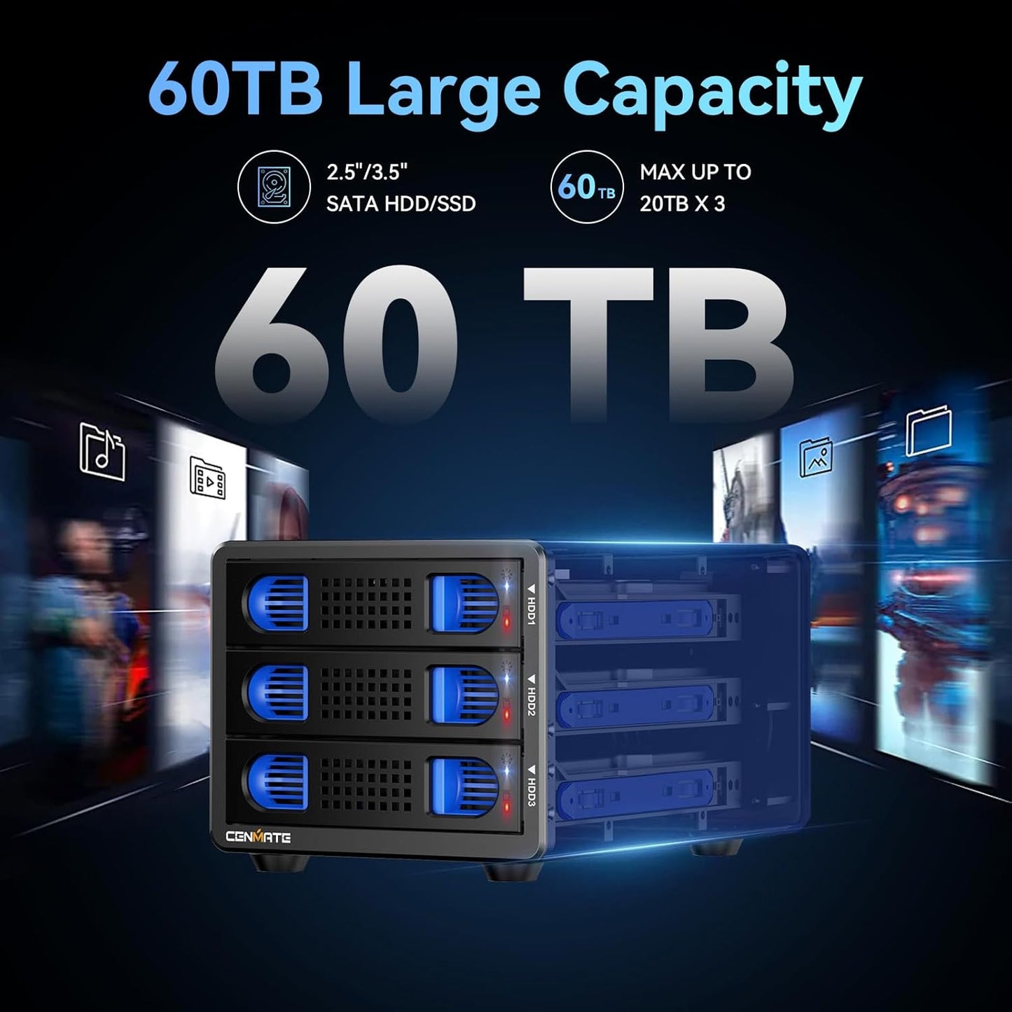 3 Bay 10Gbps Hard Drive Enclosure with Cooling Fan for 2.5“/3.5" SATA HDD/SSD with USB A/C 3.2 Gen 2, Support Hot Swappable, Daisy Chain Expansion, Tool-Free, DAS(NO RAID/NAS)