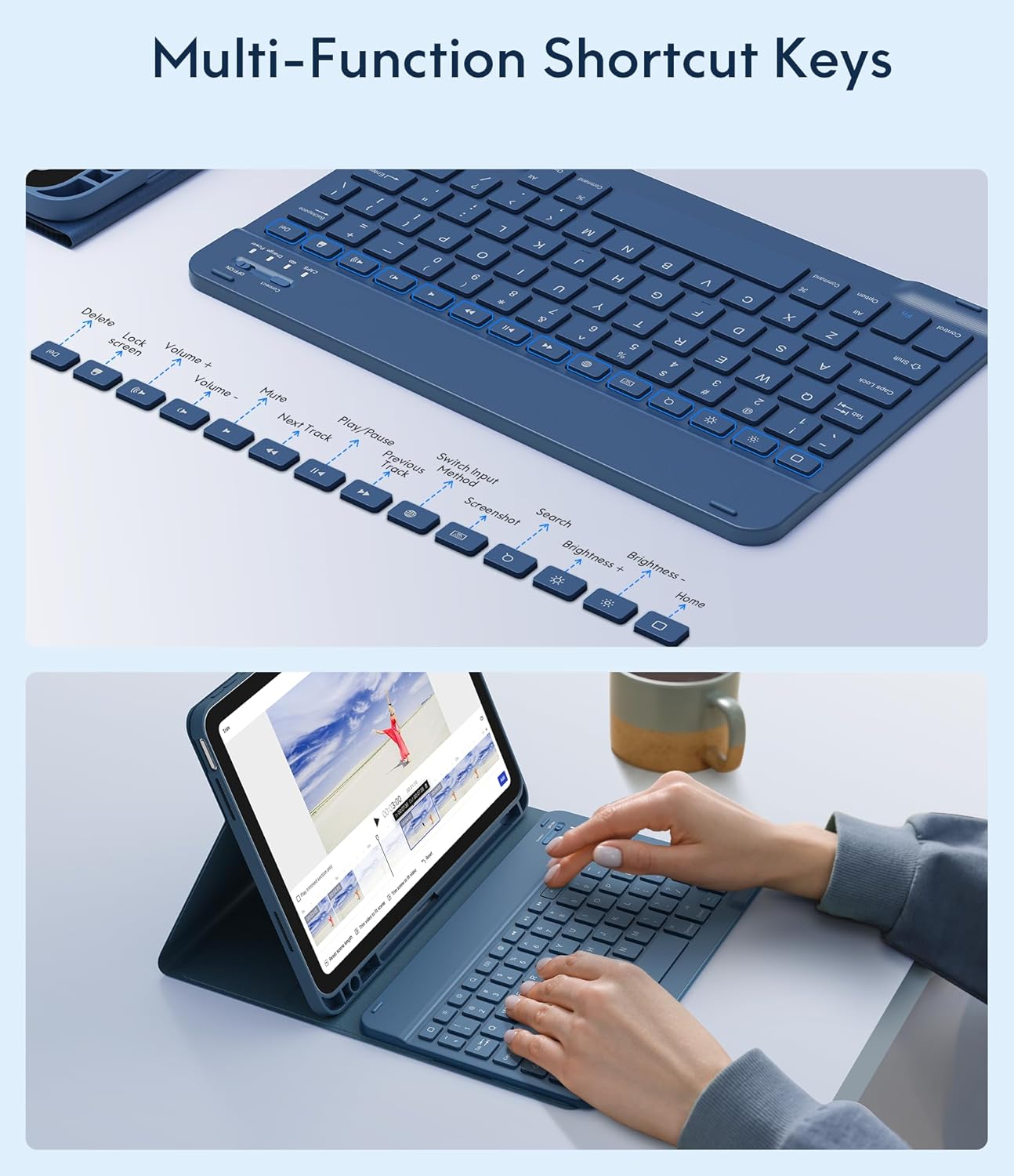 CHESONA Keyboard Case for iPad (A16) 11th/10th Generation (2025/2022), Detachable Wireless Keyboard, Stand Folio Keyboard Cover with Pencil Holder, Thin & Light (Steel Blue)