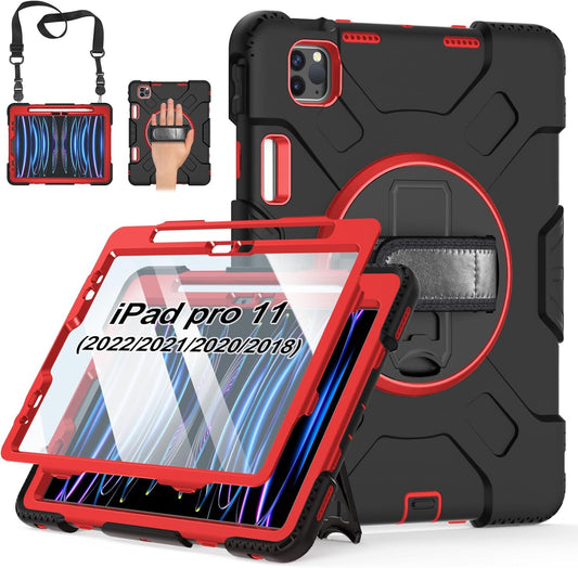 Case for iPad Pro 11 Inch (2022/2021/ 2020/2018): Silicone Cover for iPad 11 (4th/ 3rd/ 2nd/ 1st) Generation with Screen Protector- Stand- Handle- Shoulder Strap- Pencil Holder- Red