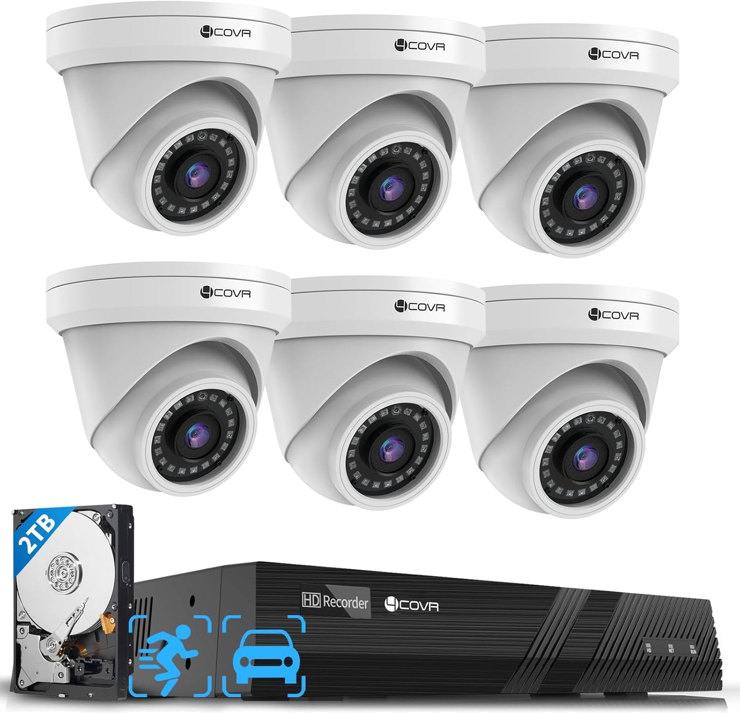 4COVR Security Camera System PoE, AI Human Vehicle Detection, 8CH 4K H.265 NVR 2TB HDD, 6Pcs 5MP Wired Commercial Dome IP Camera IP67 Night Vision, 24/7 Home Surveillance Outdoor, LY97AX5M0806