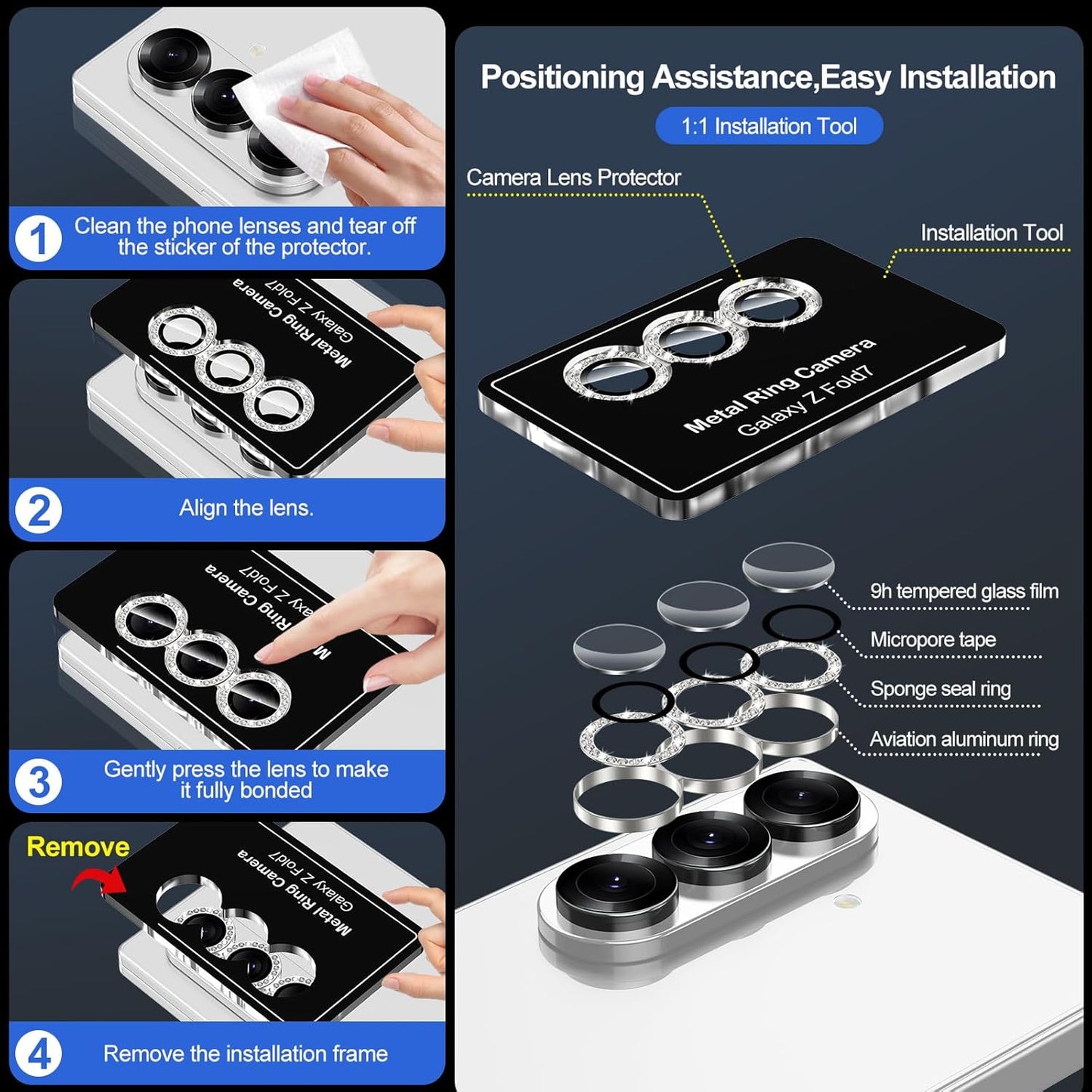 for Samsung Galaxy Z Fold 7 Camera Lens Protector, Individual Metal Ring Tempered Glass Lens Cover, [Strong Adsorption] Scratch Resistant Ultra-Thin HD Clear Lens Cover, 1 Set-Slivery Diamond