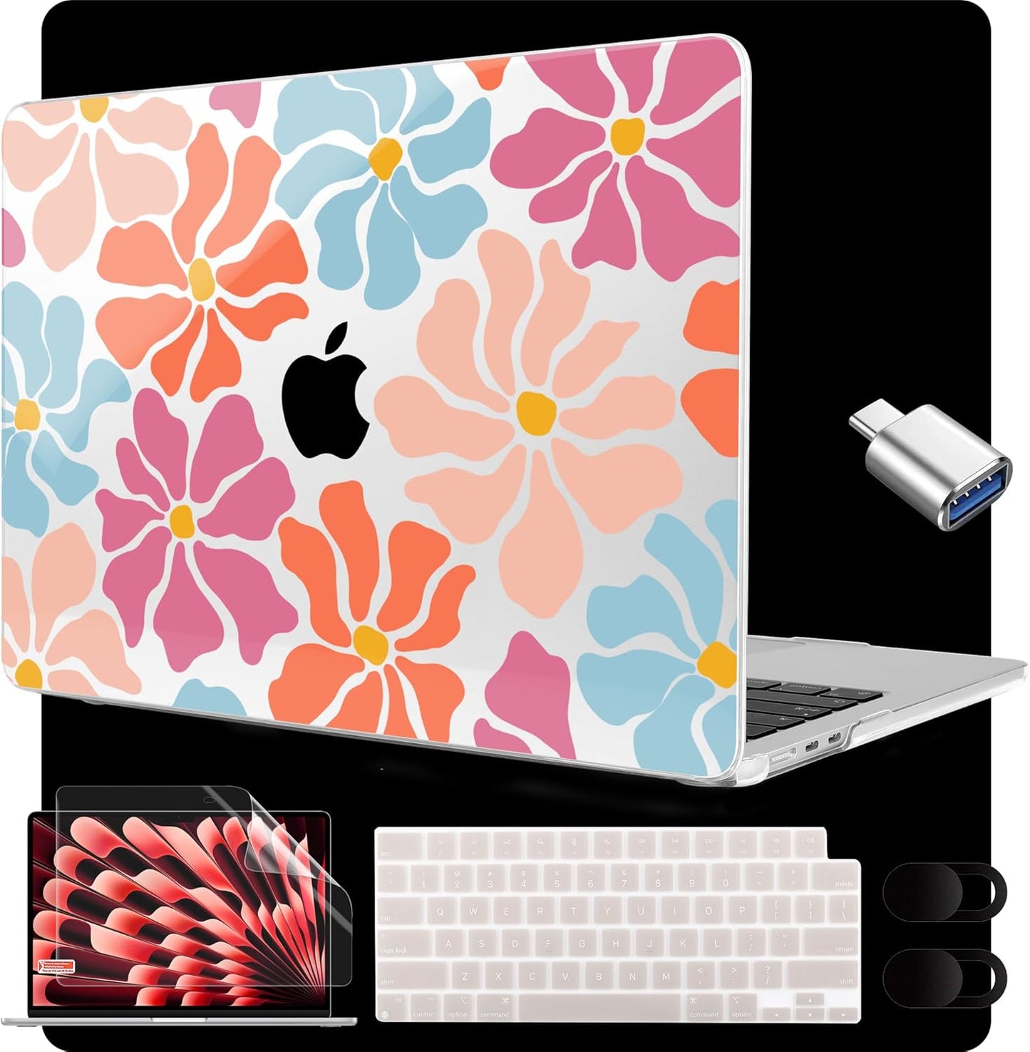 MEEgoodo for M4/M3/M2 MacBook Air 15.3 inch Case 2025 2024 2023, Case Fit Model (A3241/A3114/A2941) for MacBook Air 15 inch, Laptop Hard Shell with Keyboard Cover, Minimalist Style Floral