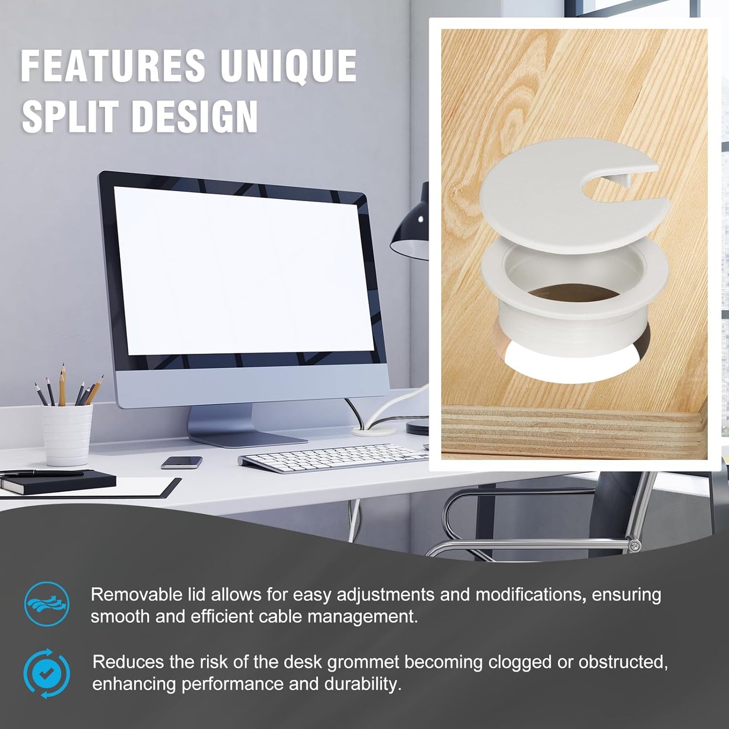 1-3/8" White Desk Grommet, JTemgle Plastic Cable Hole Cover Computer Table Cord Wire Organizer Caps Desktop Cord Management for Home Office TV Stands Tabletops, 5 Pieces