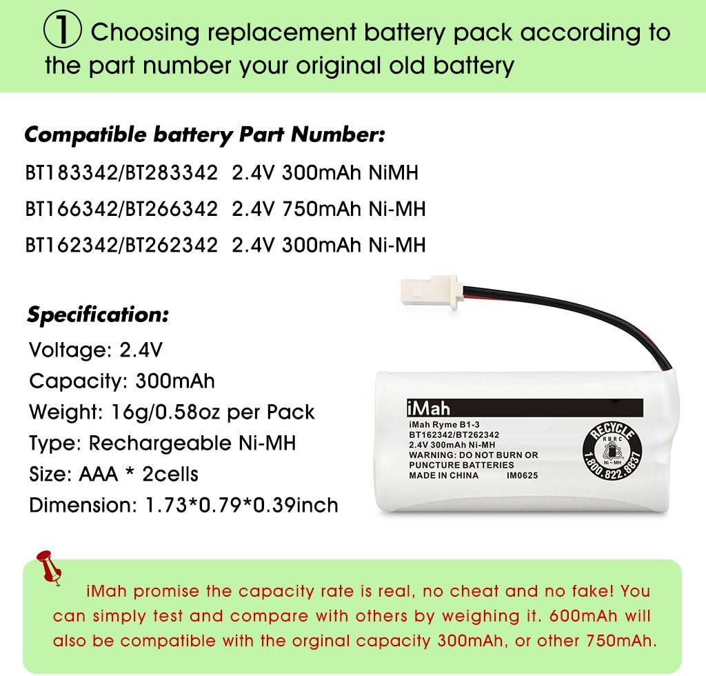 iMah BT162342/BT262342 Cordless Phone Batteries Compatible with VTech CS6409 CS6419 CS6429 CS80100 AT&T CL81101 EL5210 EL52400 Handset Telephone (Pack of 3)