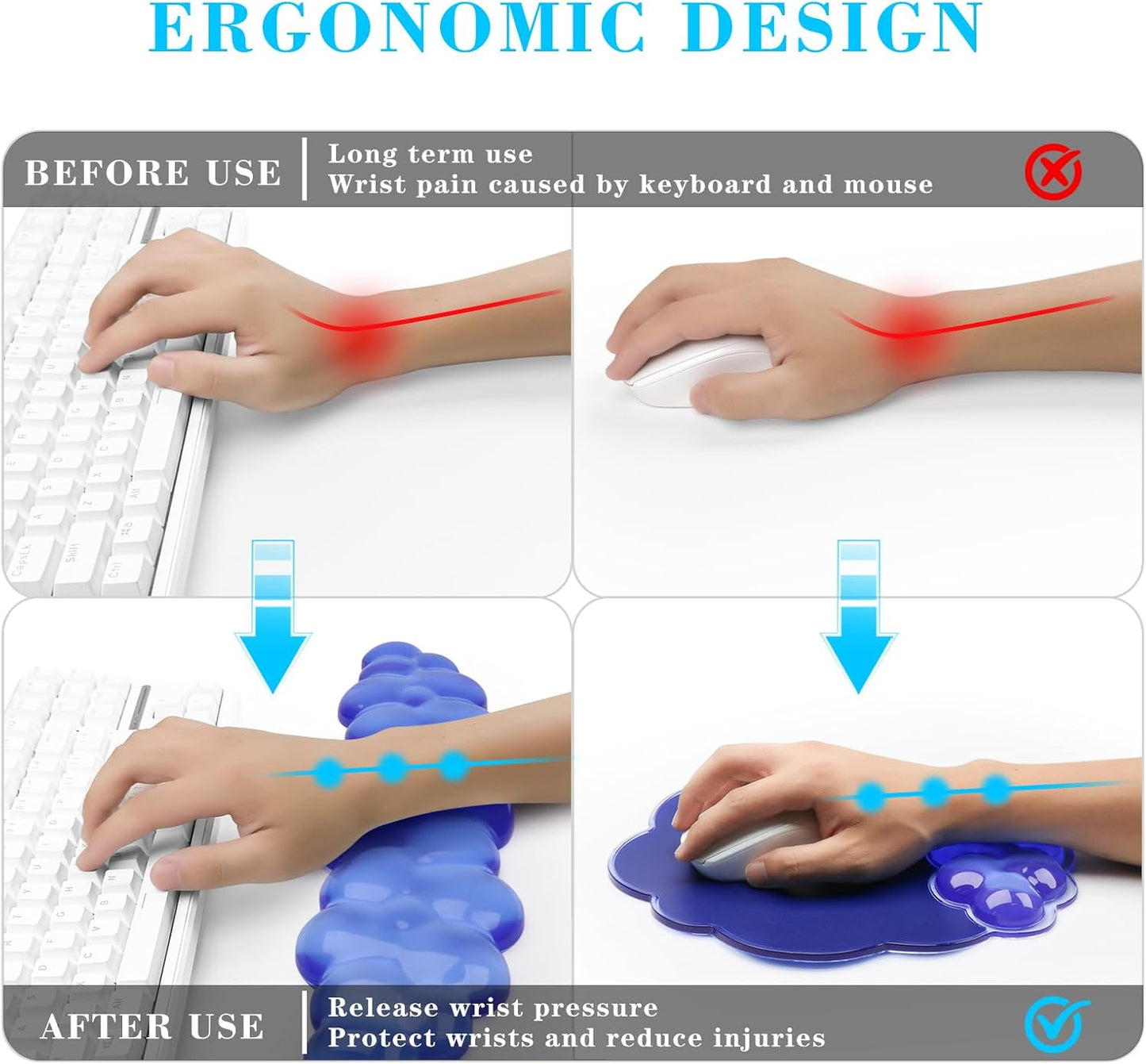 Gel Cloud Keyboard and Mouse Wrist Rest, Cute Wrist Support and Arm Support Rest for Typing Pain Relief，Suitable for Office/Computer/Laptop/Gaming Set-Blue