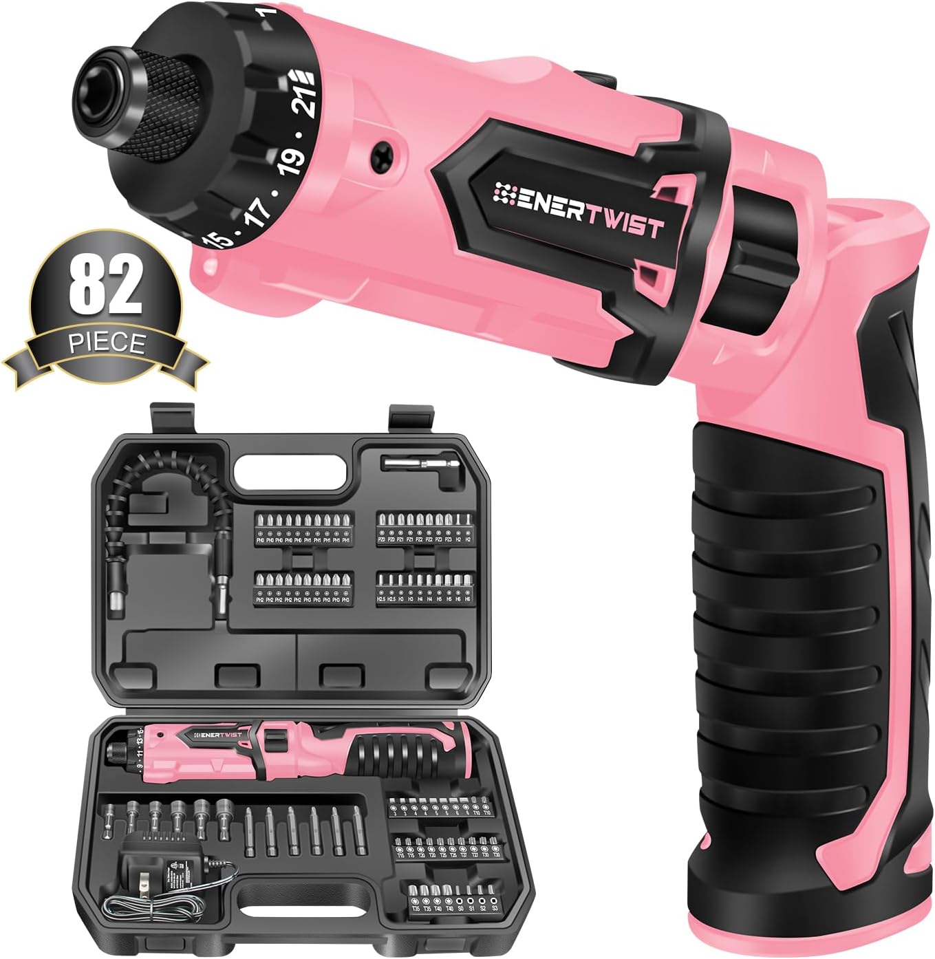 Enertwist Electric Screwdriver, 8V Max 10Nm Pink Cordless Screwdriver Rechargeable Set with 82 Accessory Kit and Charger in Carrying Case, 21+1 Cluth, Dual Position Handle, LED Light