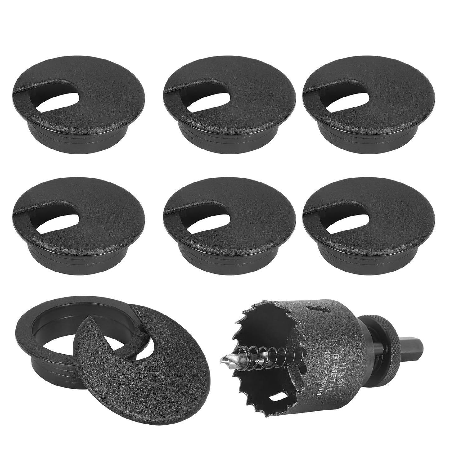 2" Black Desk Grommet with Bi-Metal Hole Saw, JTemgle Plastic Cable Hole Cover Computer Table Cord Wire Organizer Caps, Desktop Cord Management for Home Office TV Stands Tabletops, 7 Pieces