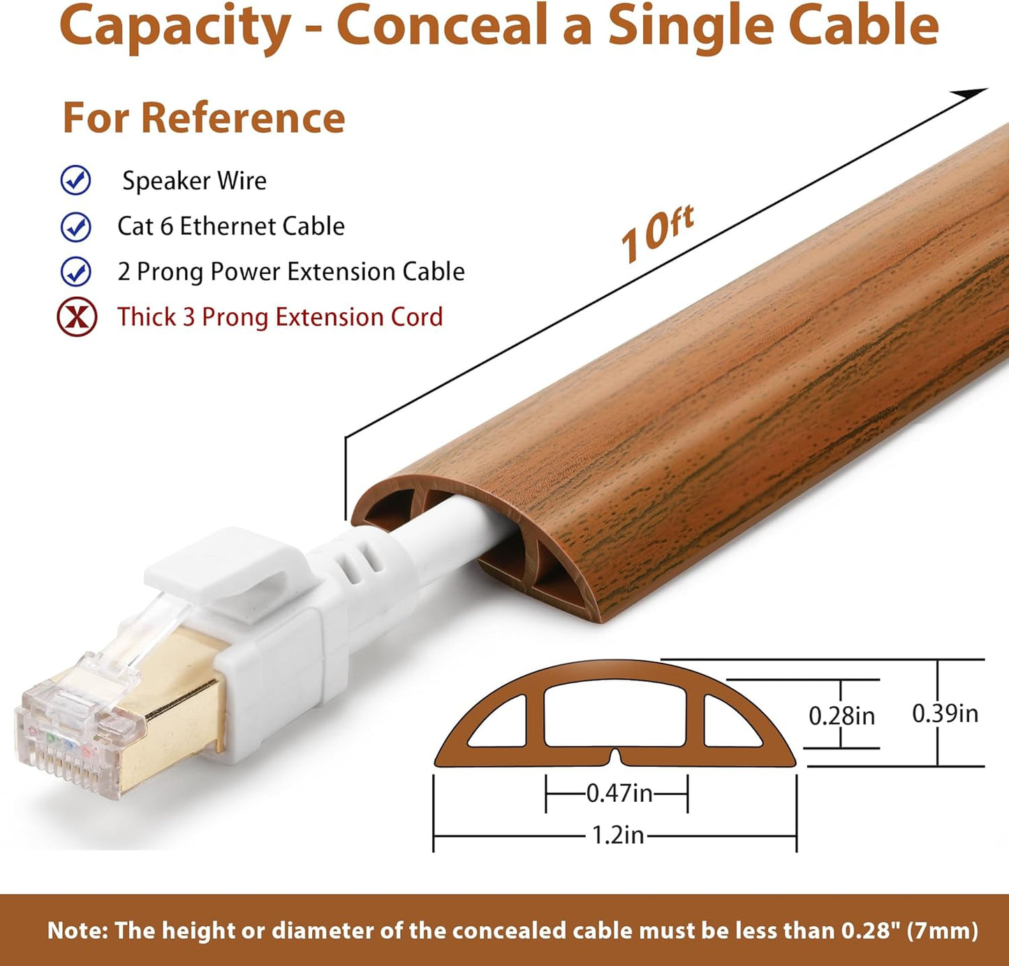Floor Cord Cover 10ft, Cord Hider Floor Brown Walnut Wood, Floor Cable Management Prevent Cable Trips, Floor Cable Cover Wire Covers for Power Cords, Cord Protector Cord Cavity W0.47in H0.28in