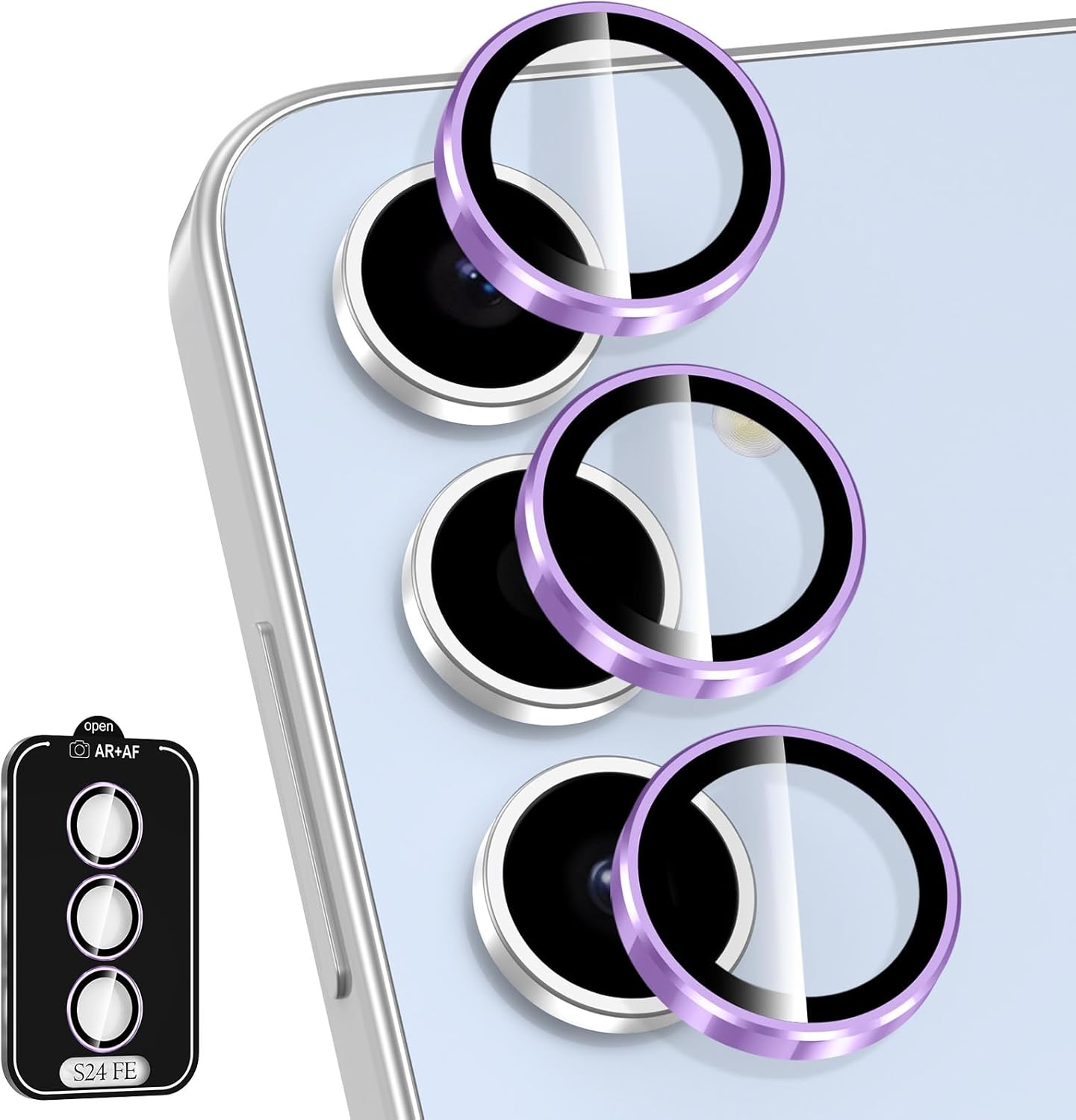 for Samsung Galaxy S24 FE Camera Lens Protector, Individual Metal Ring Tempered Glass Lens Cover, [Strong Adsorption] Scratch Resistant Ultra-Thin HD Clear Lens Cover, 1 Set-Purple Ring