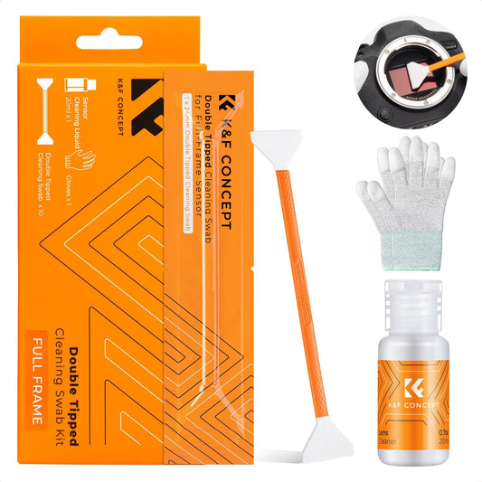 K&F Concept Full Frame Sensor Cleaning Kit, Mirrorless Camera Cleaner Kit - 20ml Sensor Cleaner, 10 X 24mm Double-Tipped Full Frame Sensor Cleaning Swabs & Gloves