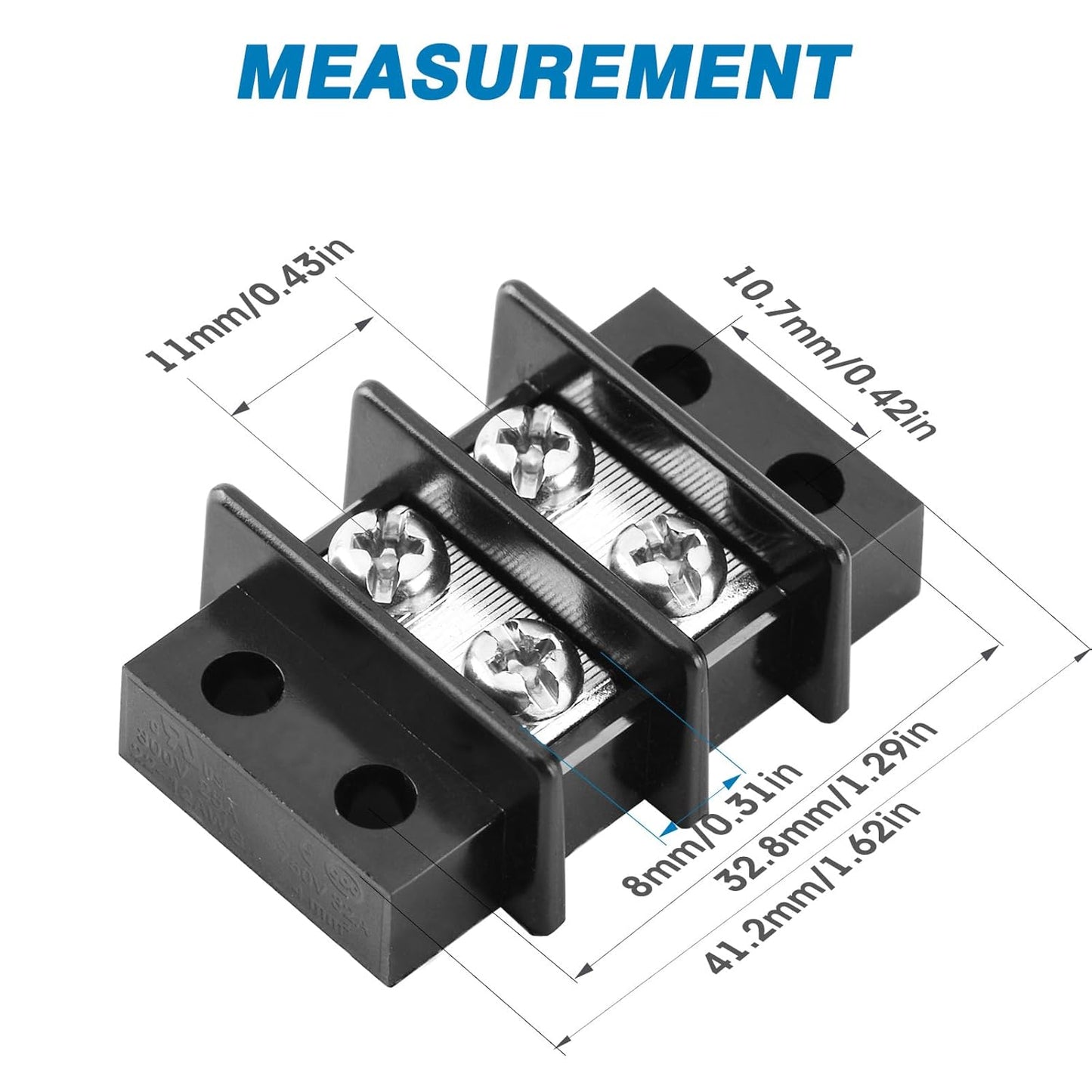 GLOSO Terminal Blocks Double Row Stainless 11 mm Pitch TBC, Marine Grade, 12-22 AWG Cu, 25A/300V - 1 Pack, 2 Poles