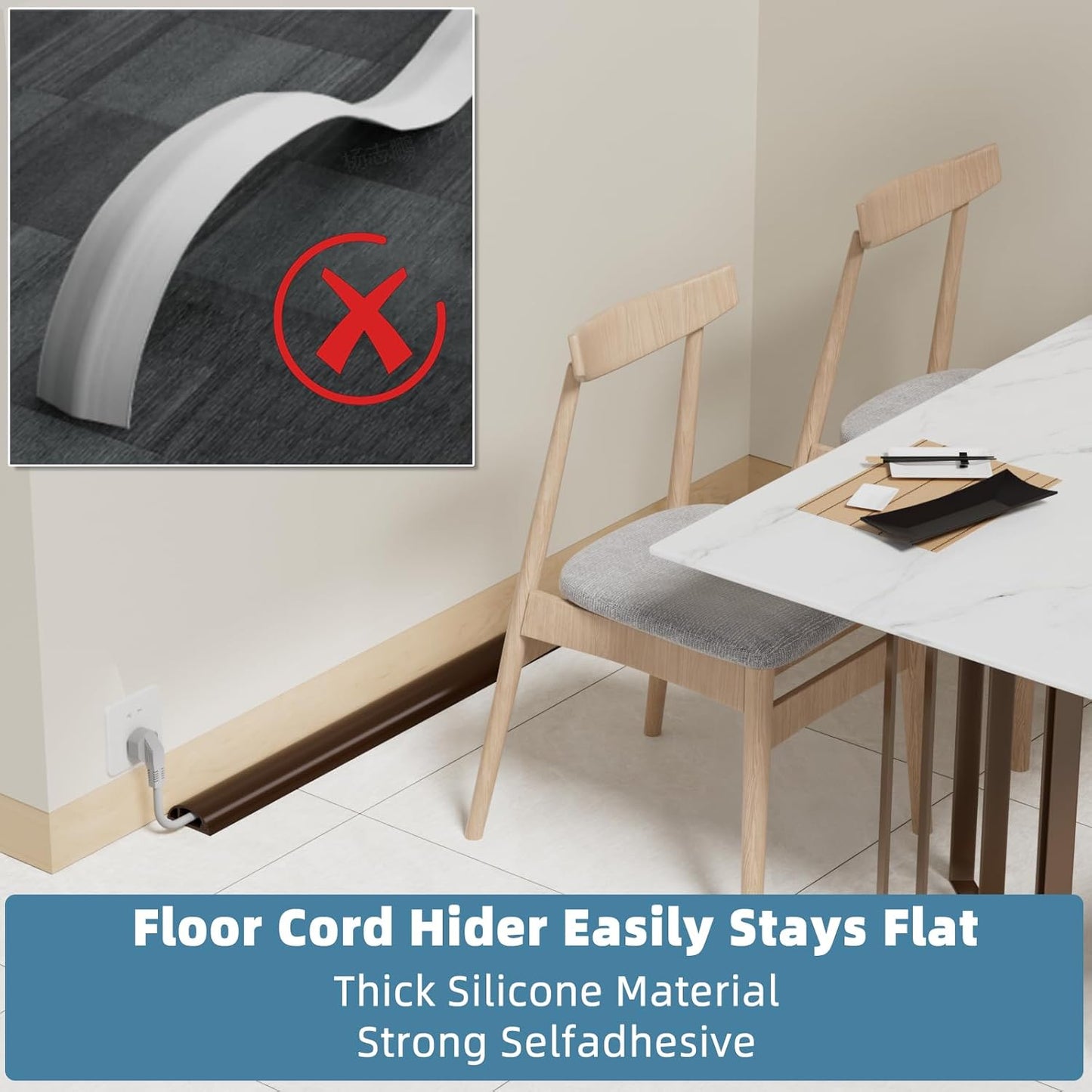 6ft Side Buckle Floor Cord Cover for Wires, Selfadhesive Extension Cord Hider Easy Floor Cable Management Prevent Cable Trips,Silicone Floor Wire Covers for Cords, Cable Protector Cord Cavity（Brown）